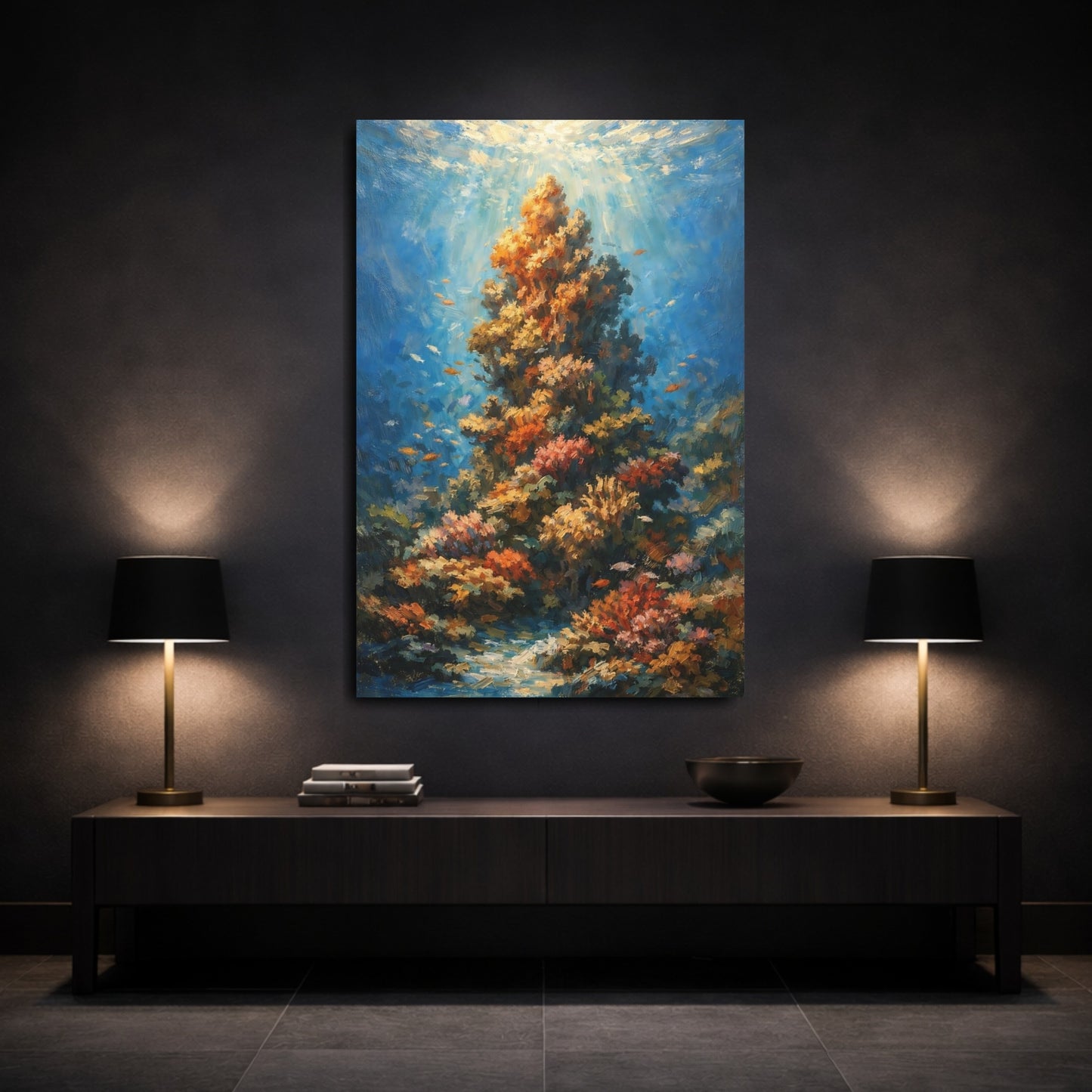 Mockup 2. Nature Coral Reef Blue And Orange Coral shown as stretched canvas wall art