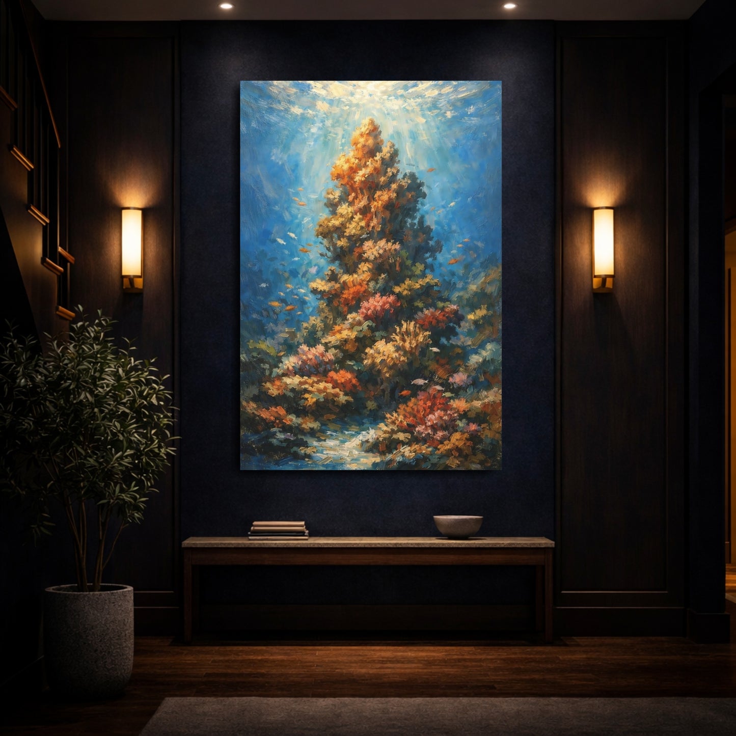 Mockup 3. Nature Coral Reef Blue And Orange Coral shown as stretched canvas wall art