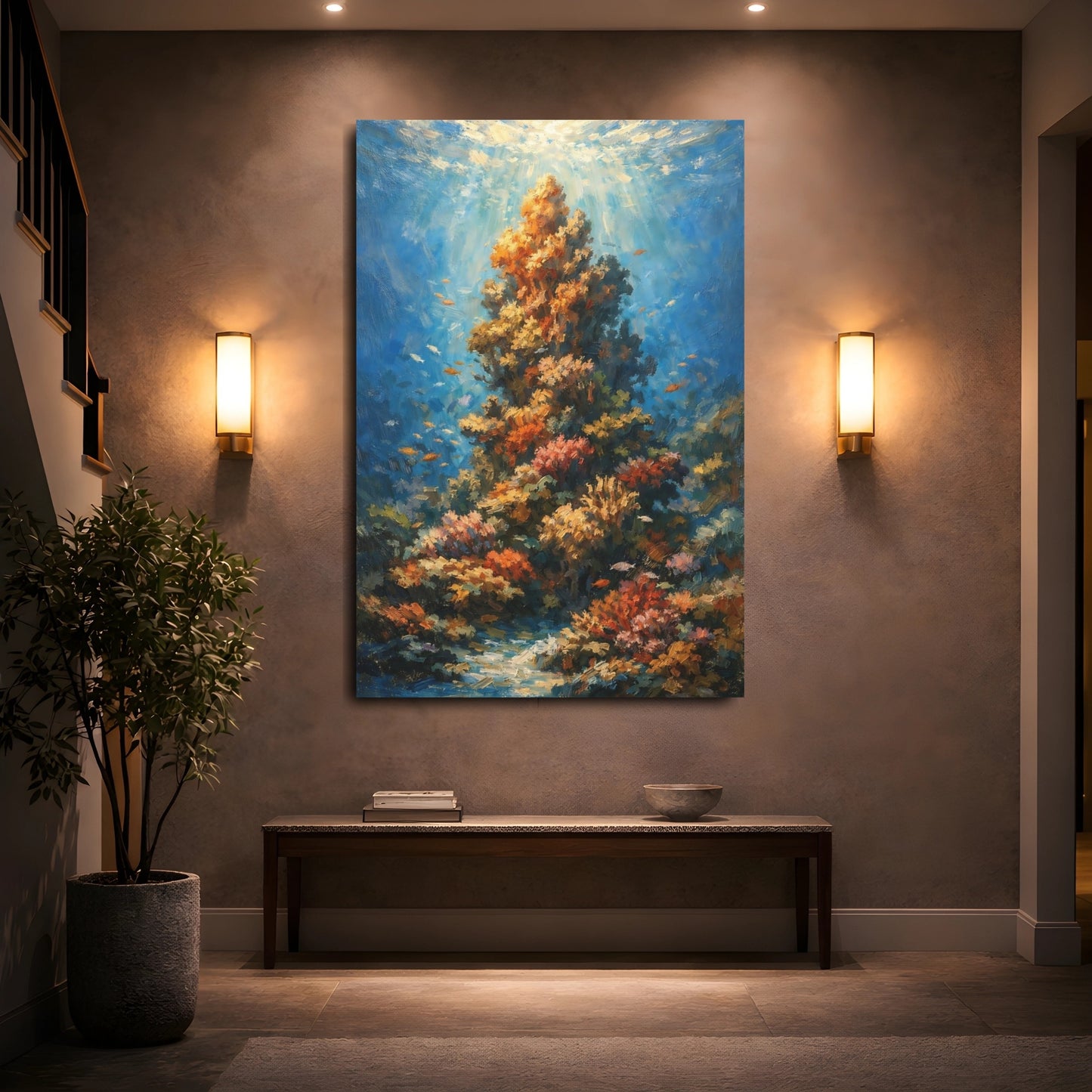 Mockup 4. Nature Coral Reef Blue And Orange Coral shown as stretched canvas wall art
