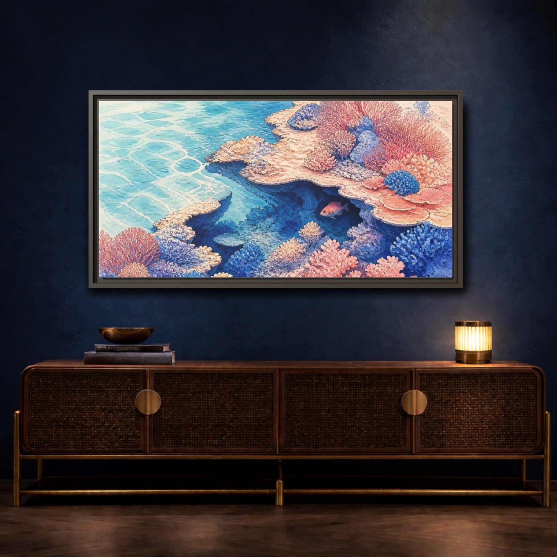Mockup 4. Nature Coral Reef Shelter shown as framed canvas print