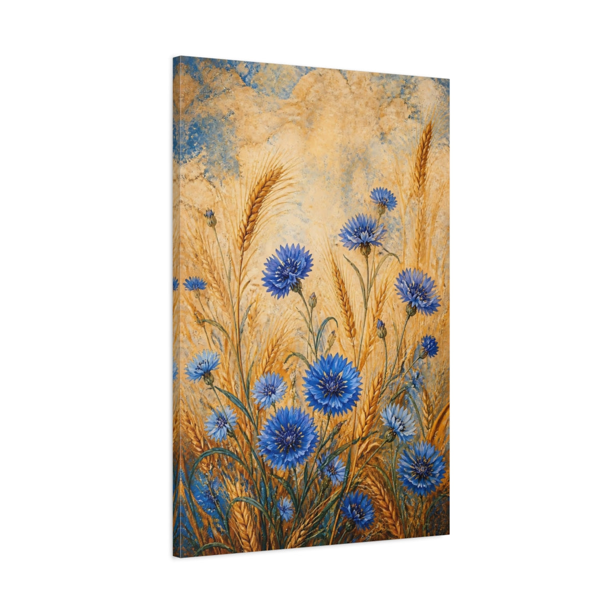 Main Mockup. Nature Cornflowers Blue And Gold shown as canvas print