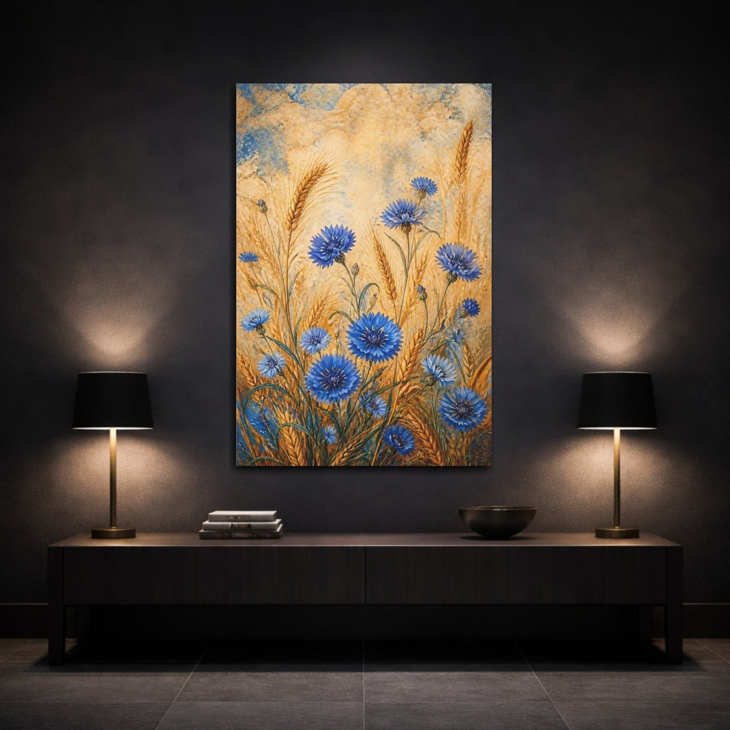 Nature Cornflowers Blue And Gold Canvas Print – Living Room, Above Fireplace - YesArtYes