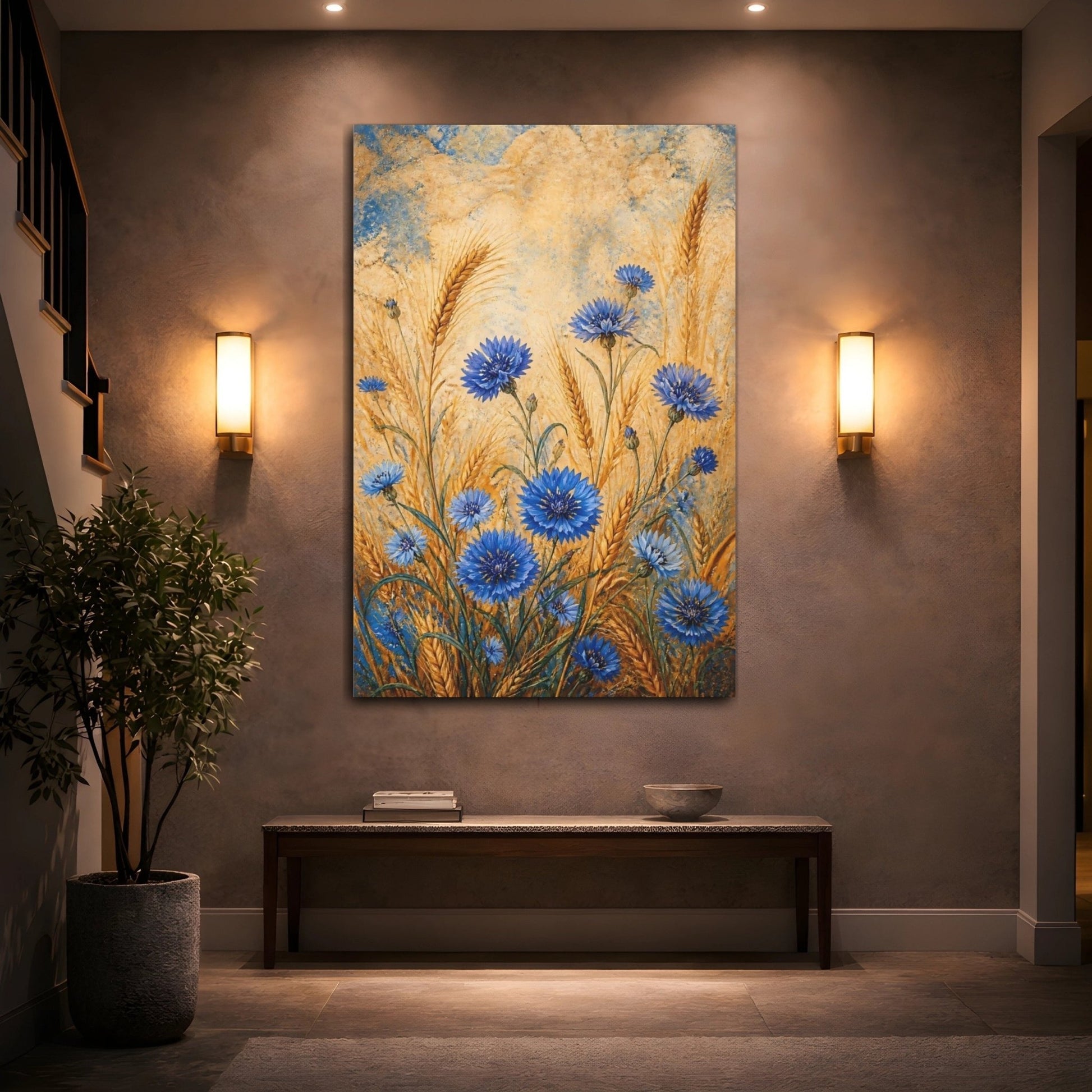Nature Cornflowers Blue And Gold Canvas Print – Living Room, Above Fireplace - YesArtYes