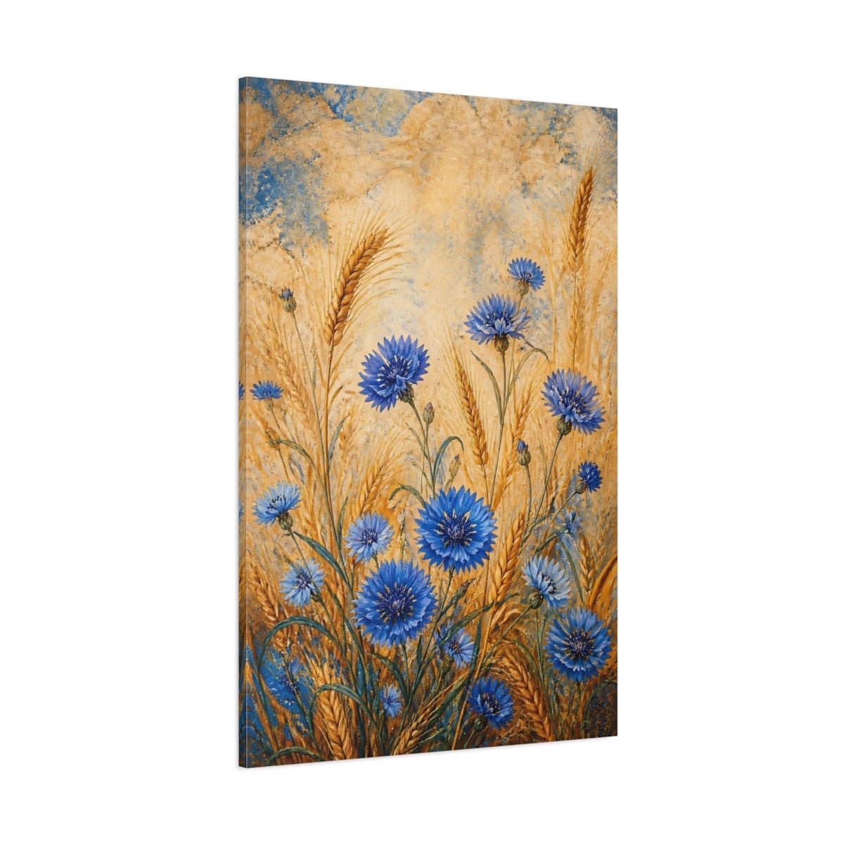 Nature Cornflowers Blue And Gold Canvas Print – Living Room, Above Fireplace - YesArtYes