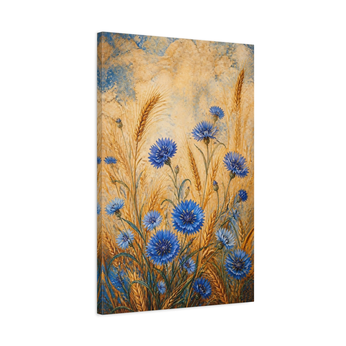 Side Mockup 2. Nature Cornflowers Blue And Gold shown as canvas print