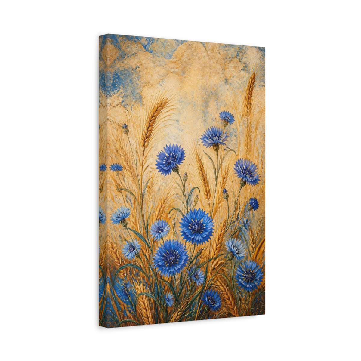 Side Mockup 4. Nature Cornflowers Blue And Gold shown as canvas print
