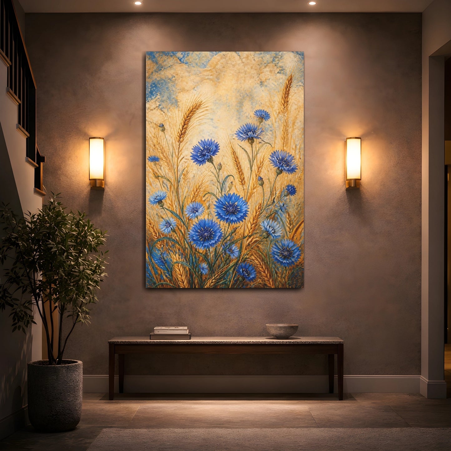 Mockup 2. Nature Cornflowers Blue And Gold shown as canvas print