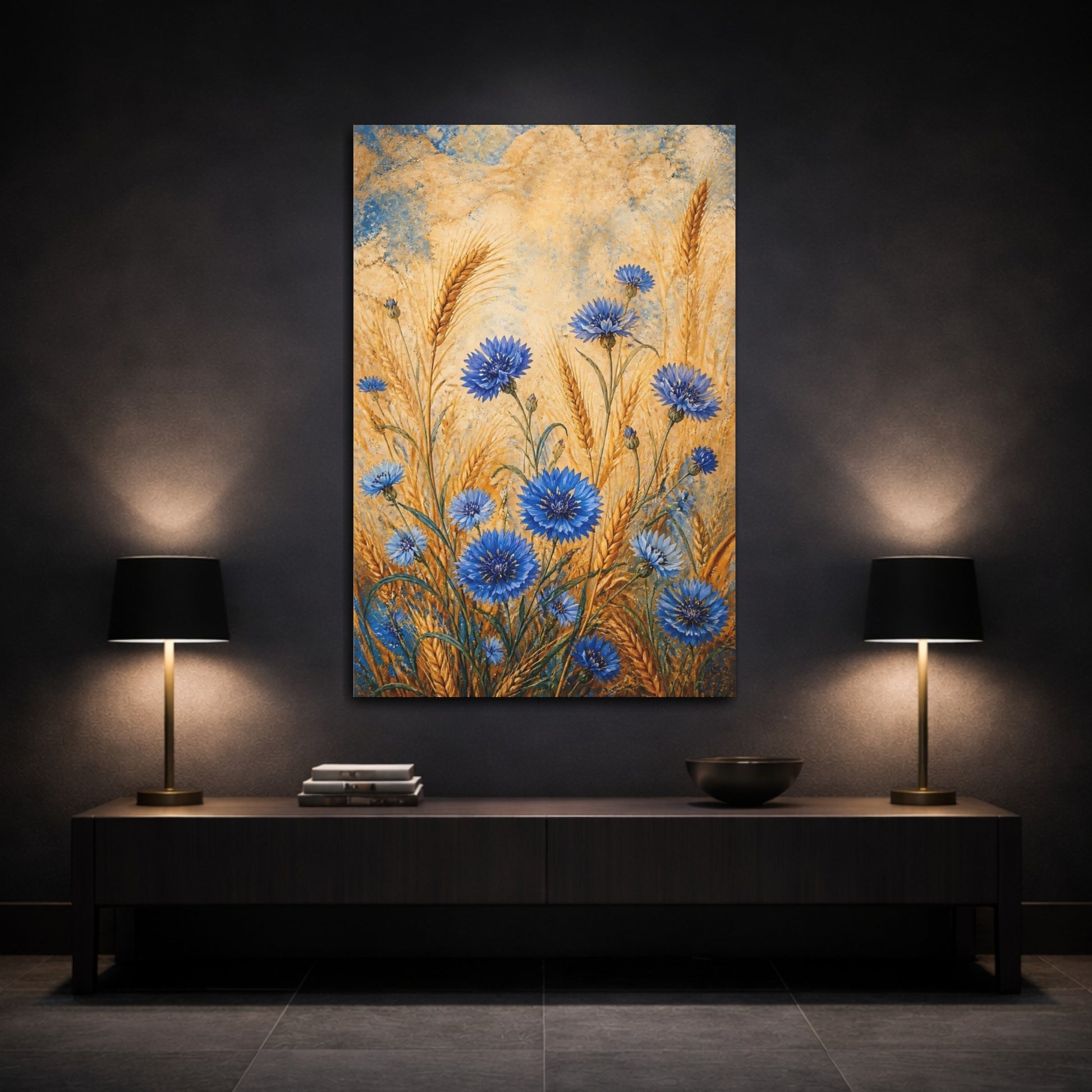 Mockup 3. Nature Cornflowers Blue And Gold shown as canvas print