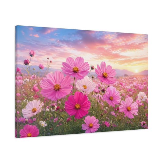 Main Mockup. Nature Cosmos Flowers Pink Cosmos Field shown as stretched canvas wall art