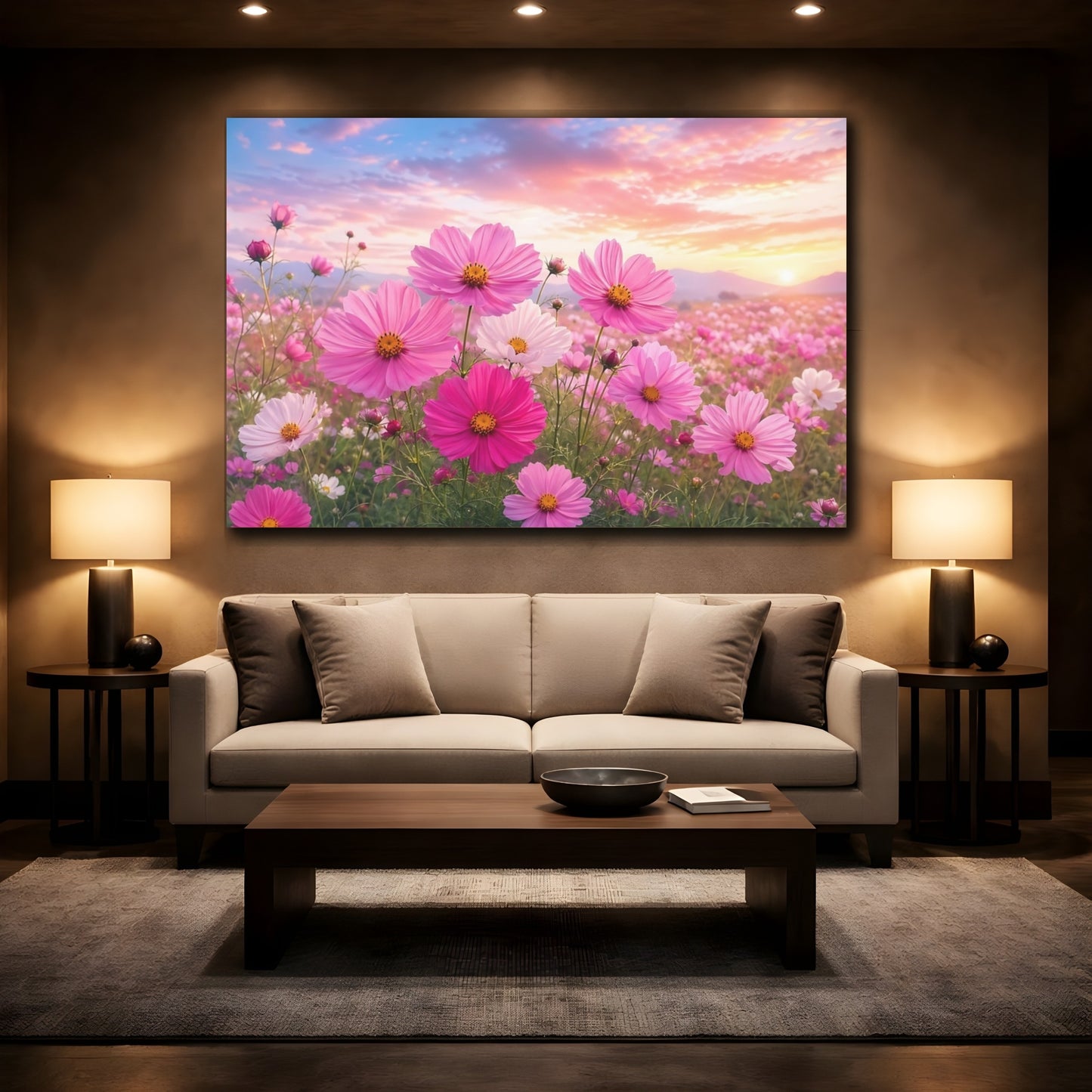 Mockup 2. Nature Cosmos Flowers Pink Cosmos Field shown as stretched canvas wall art