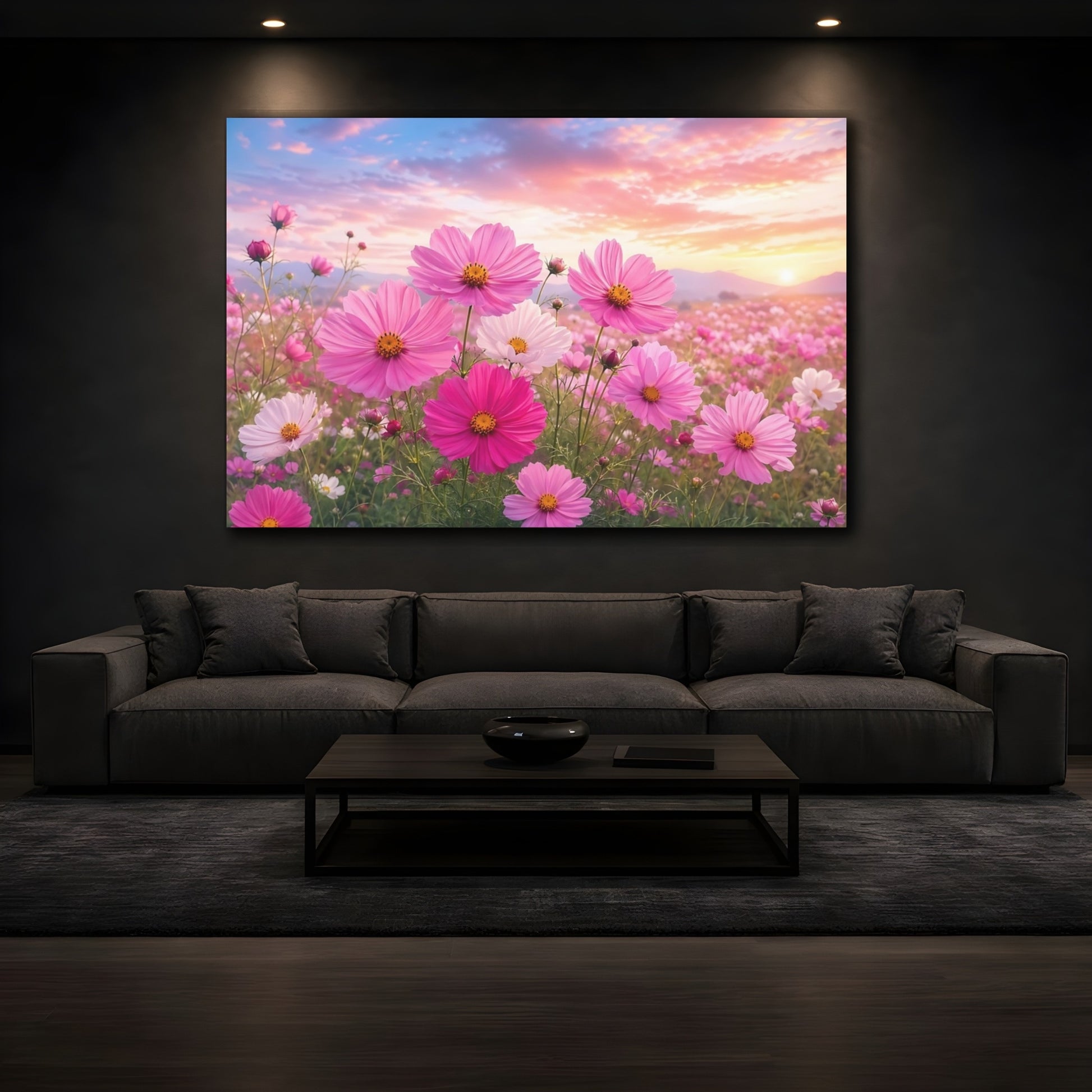 Mockup 3. Nature Cosmos Flowers Pink Cosmos Field shown as stretched canvas wall art