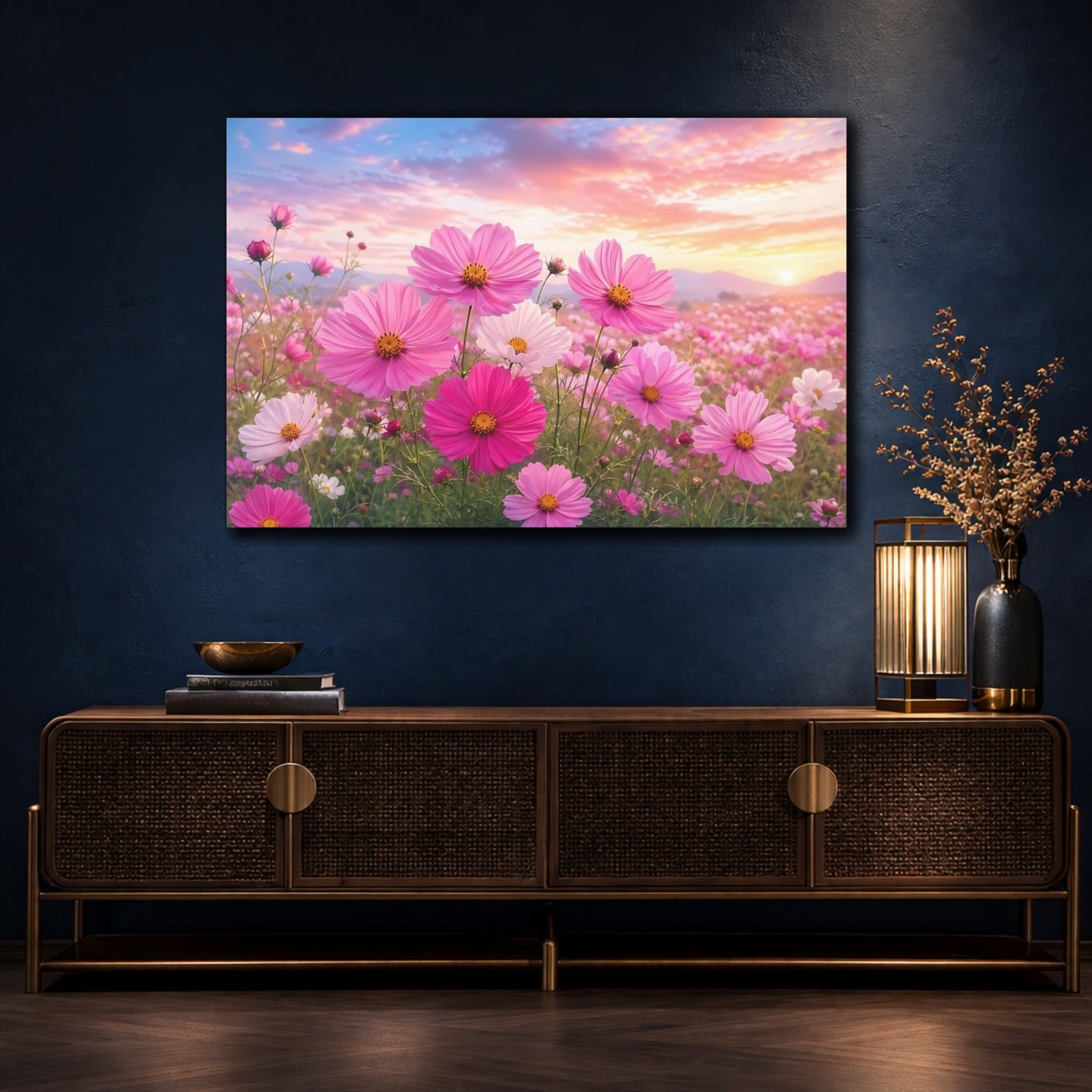 Mockup 4. Nature Cosmos Flowers Pink Cosmos Field shown as stretched canvas wall art