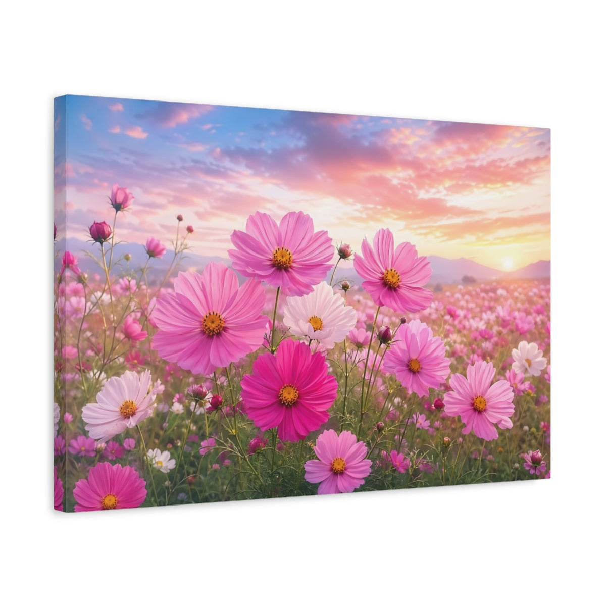 Side Mockup 3. Nature Cosmos Flowers Pink Cosmos Field shown as stretched canvas wall art