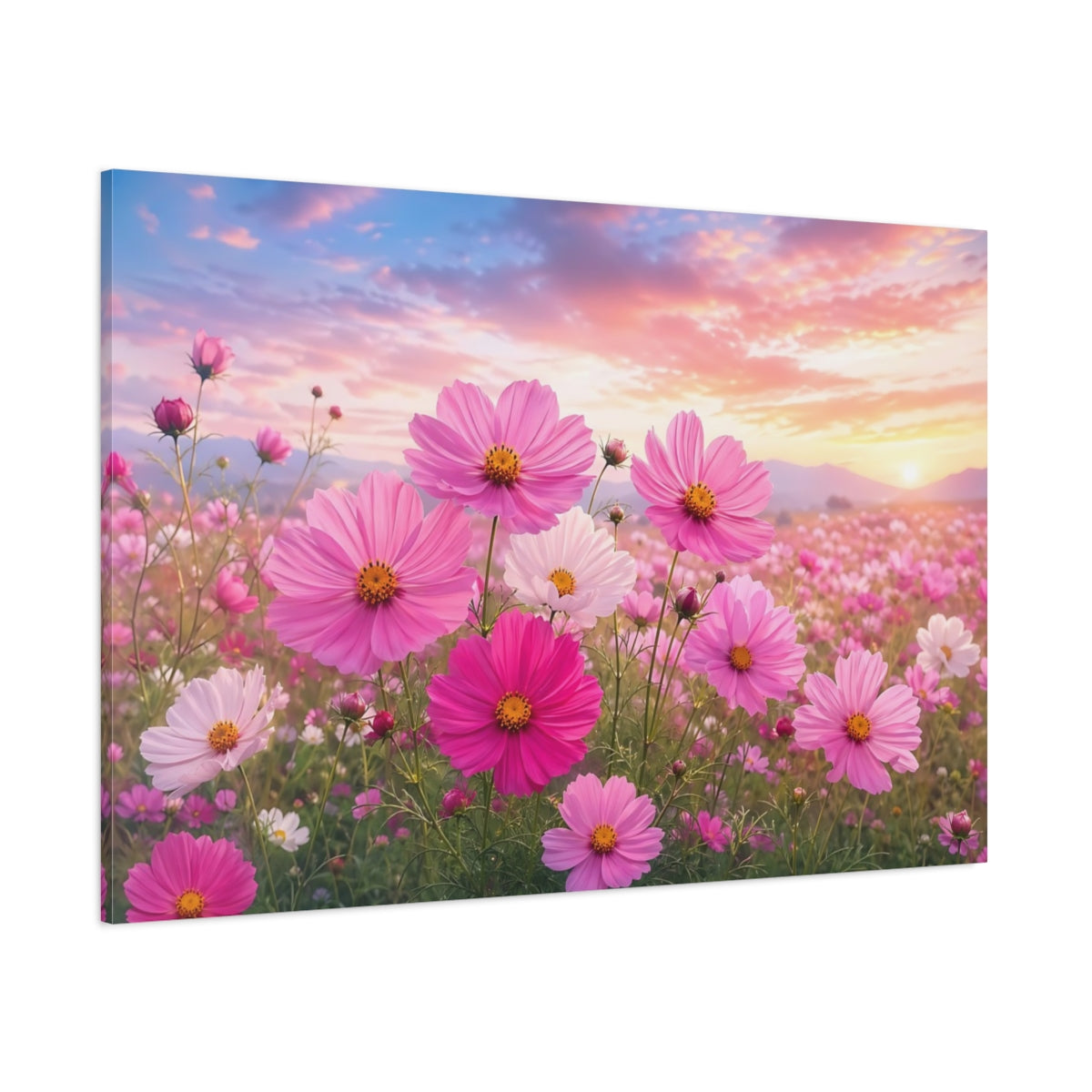 Side Mockup 1. Nature Cosmos Flowers Pink Cosmos Field shown as stretched canvas wall art