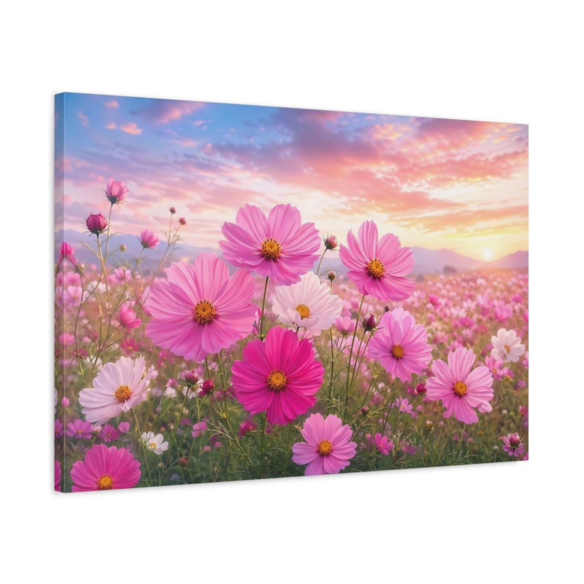 Side Mockup 2. Nature Cosmos Flowers Pink Cosmos Field shown as stretched canvas wall art