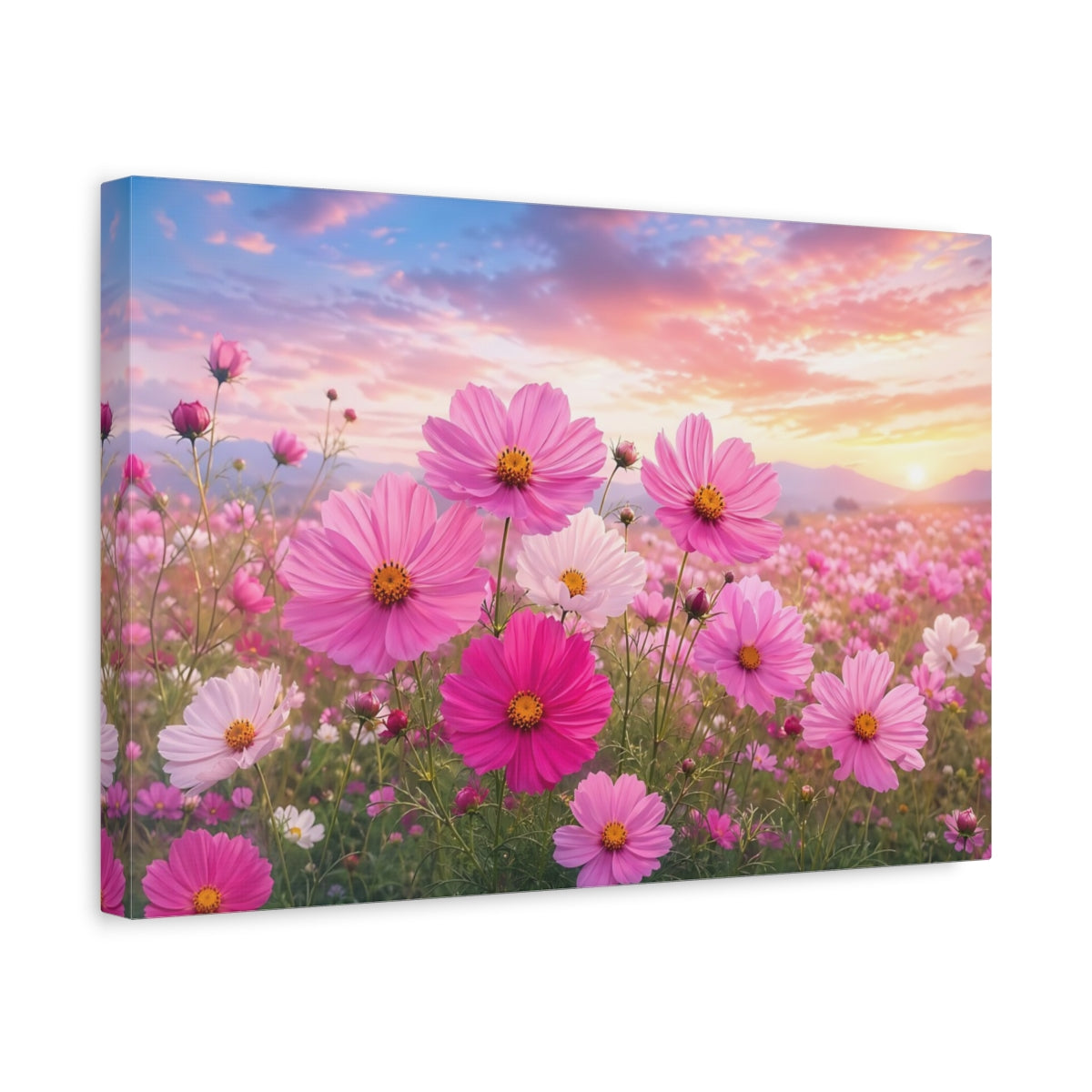 Side Mockup 4. Nature Cosmos Flowers Pink Cosmos Field shown as stretched canvas wall art