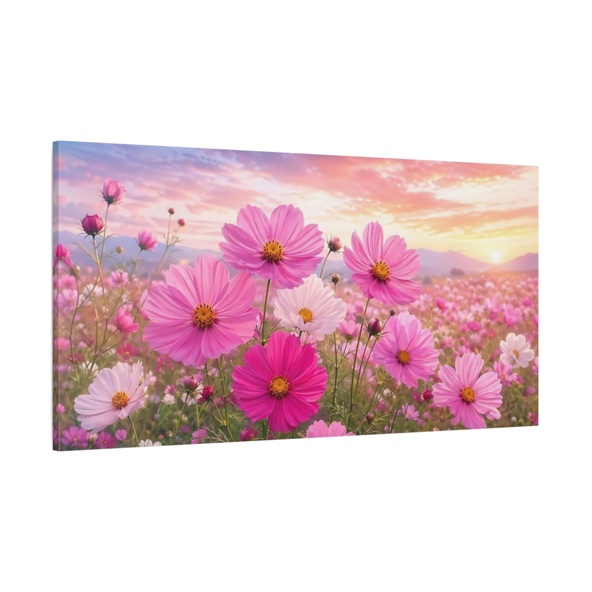 Side Mockup 2. Nature Cosmos Flowers Pink Flower Field shown as stretched canvas wall art