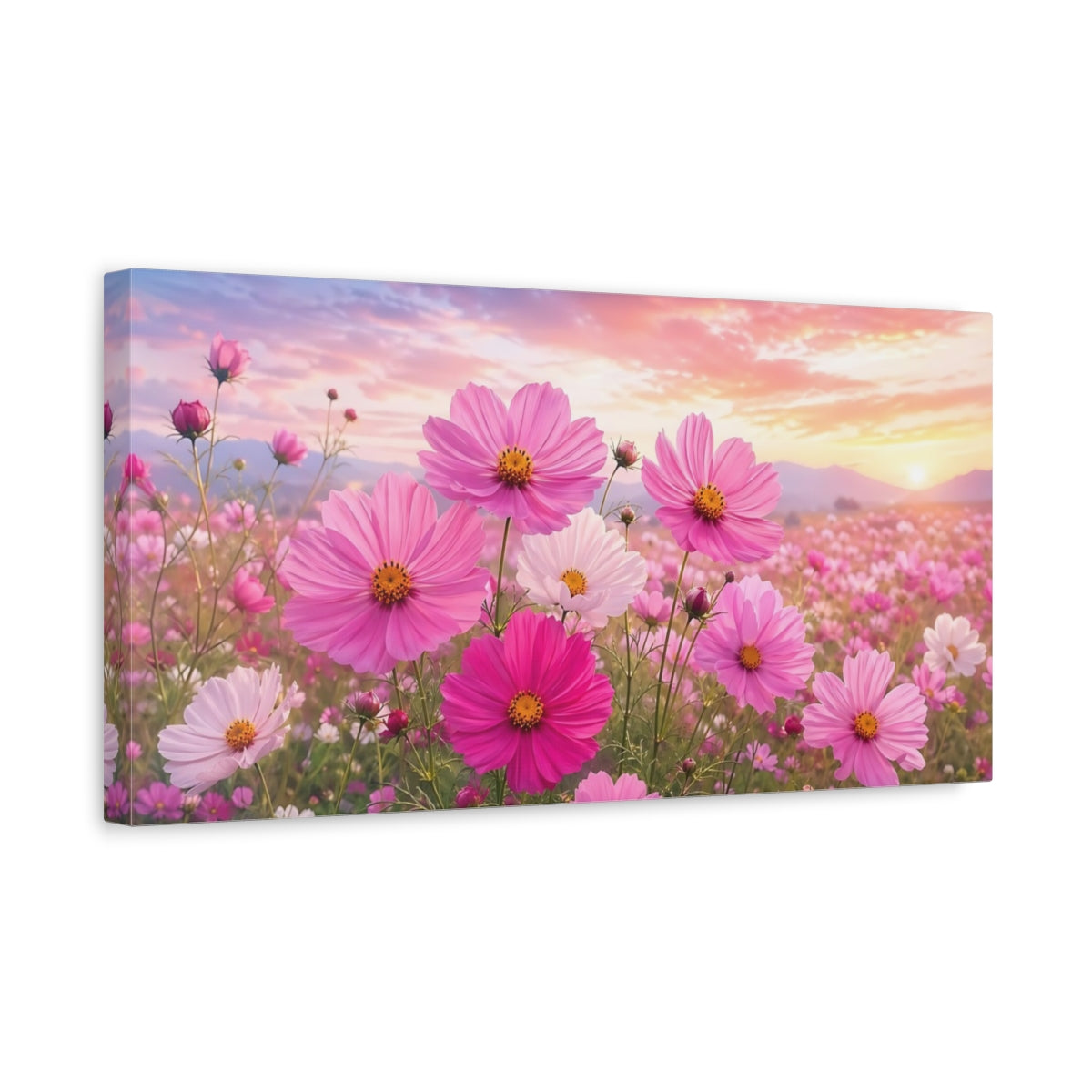Side Mockup 3. Nature Cosmos Flowers Pink Flower Field shown as stretched canvas wall art