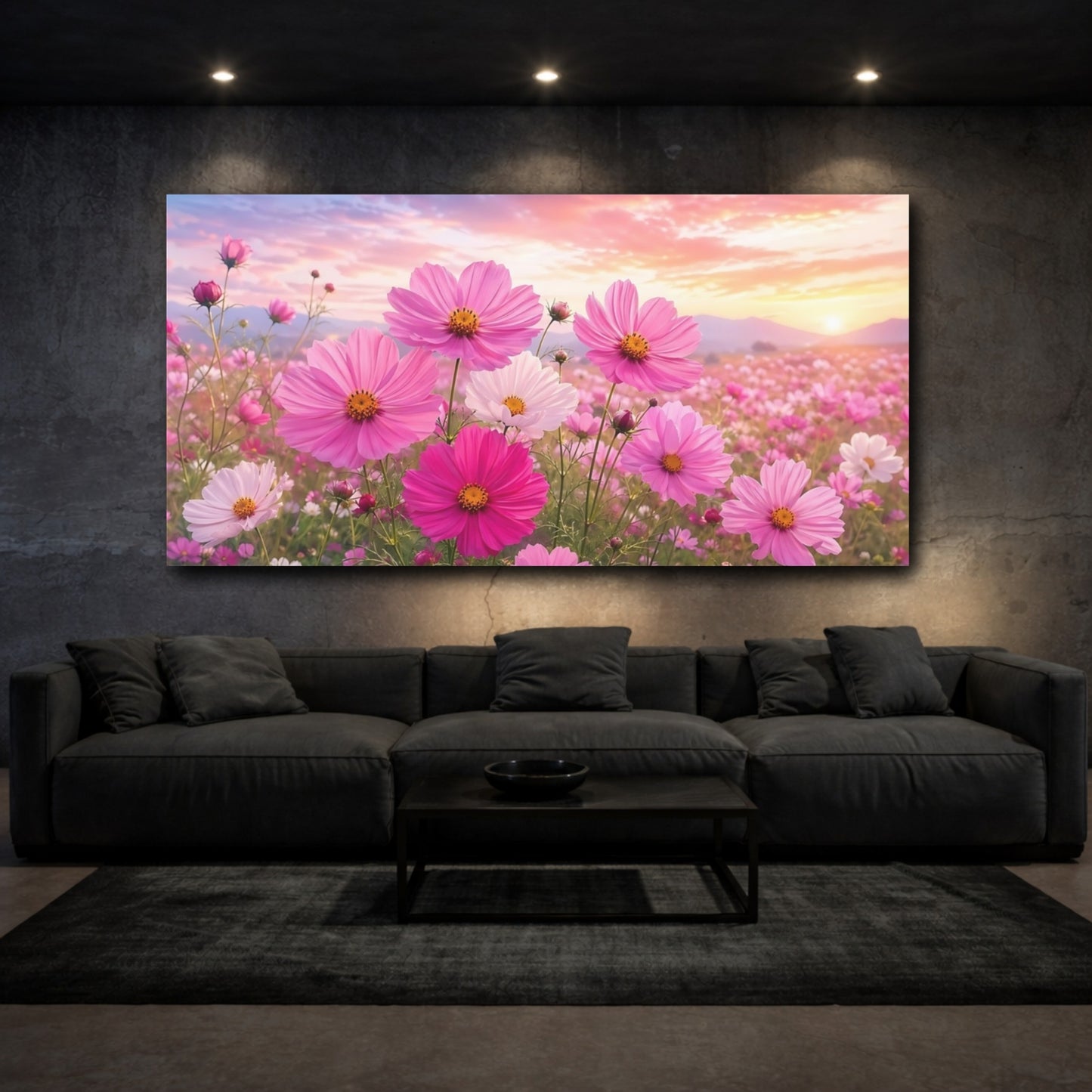 Mockup 2. Nature Cosmos Flowers Pink Flower Field shown as stretched canvas wall art
