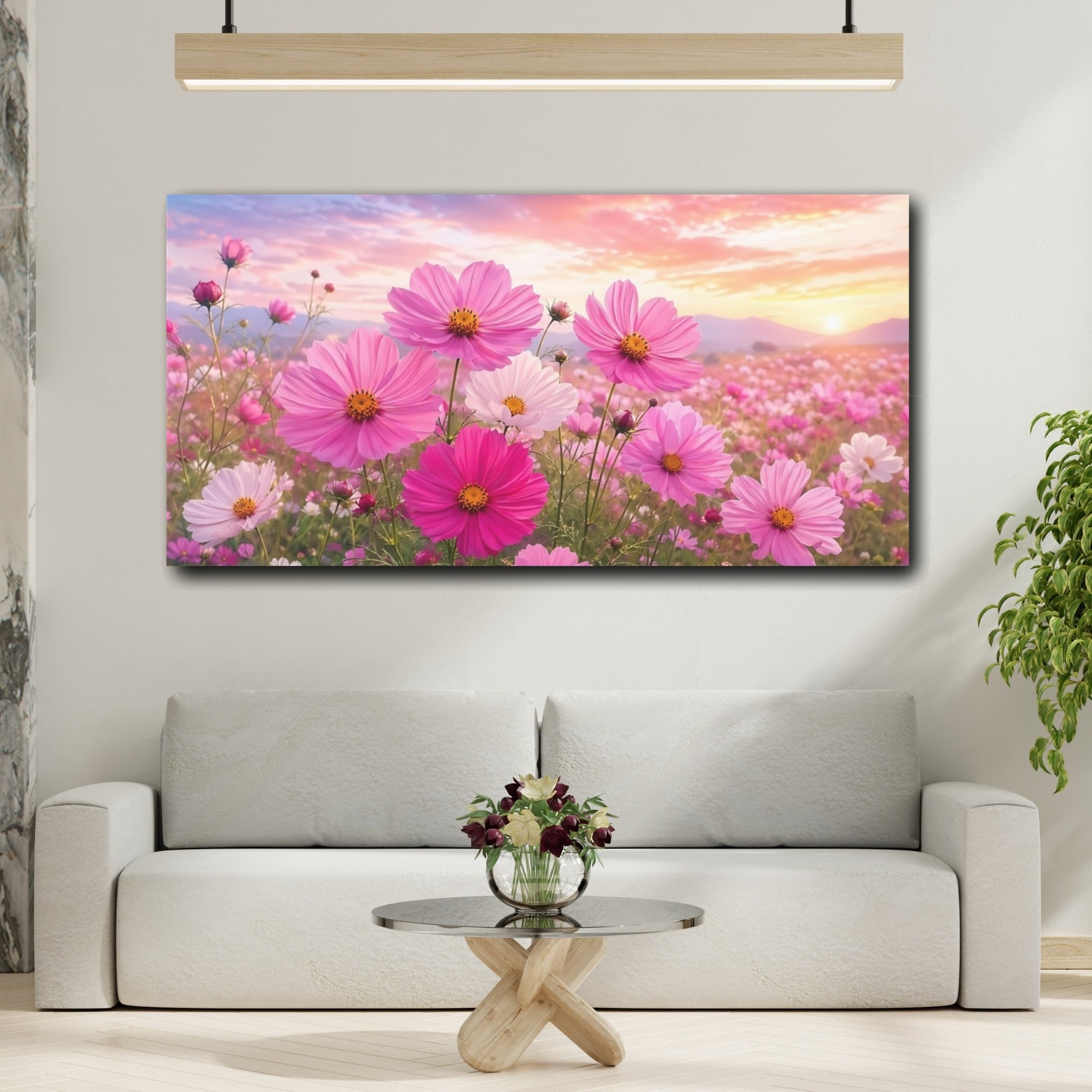 Mockup 3. Nature Cosmos Flowers Pink Flower Field shown as stretched canvas wall art