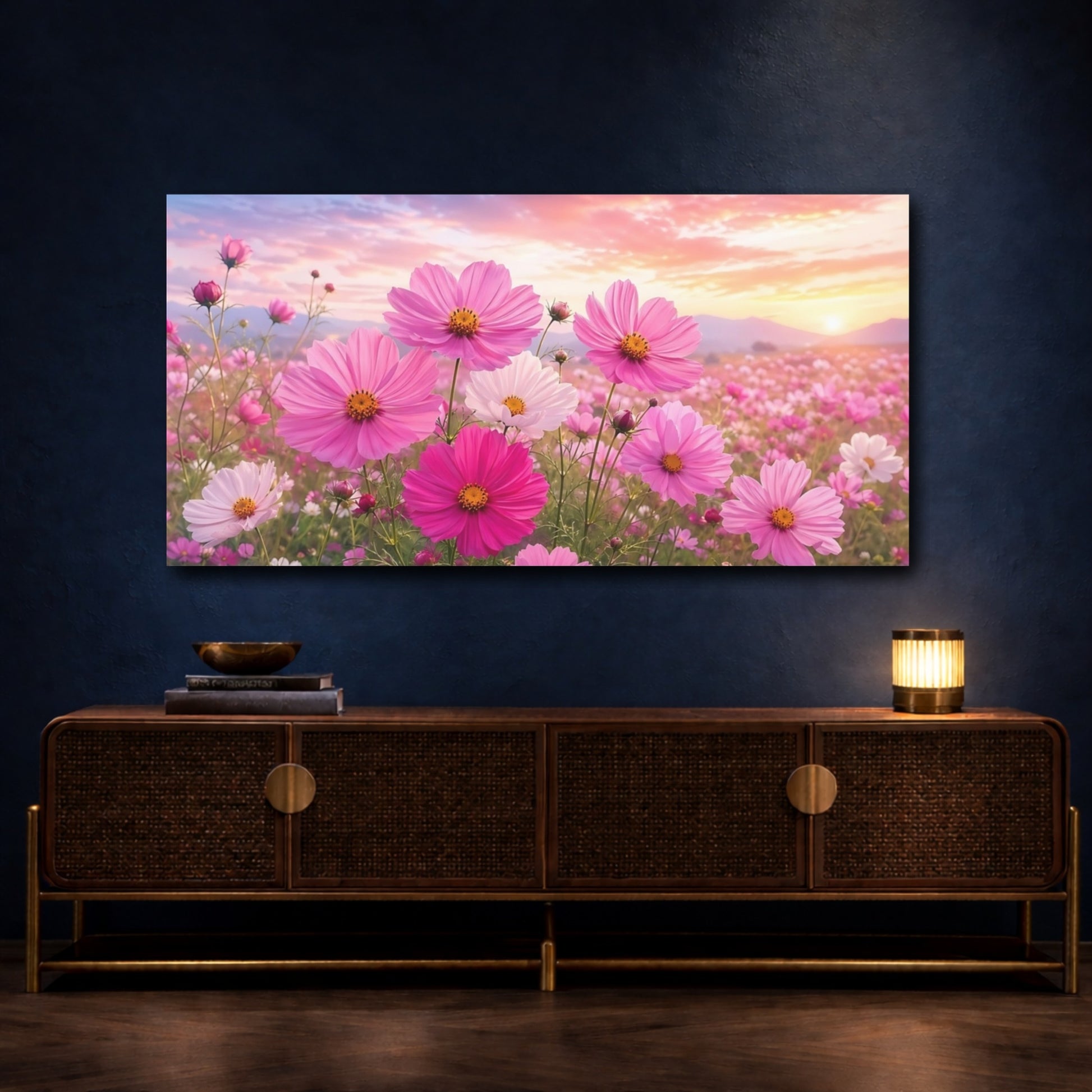 Mockup 4. Nature Cosmos Flowers Pink Flower Field shown as stretched canvas wall art