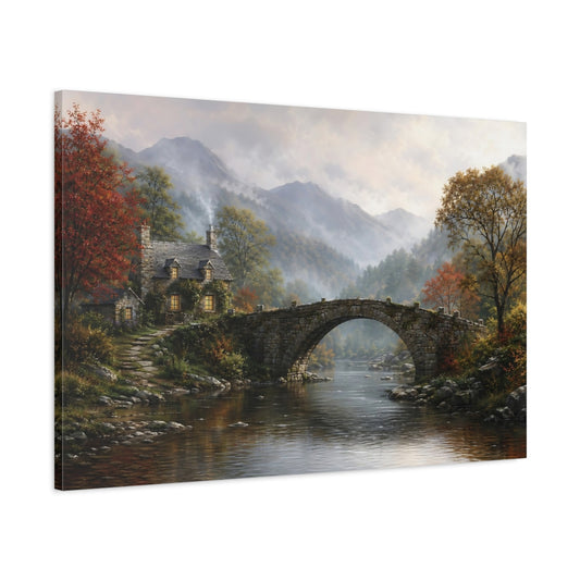 Main Mockup. Nature Cottage Bridge Autumn Landscape shown as stretched canvas wall art
