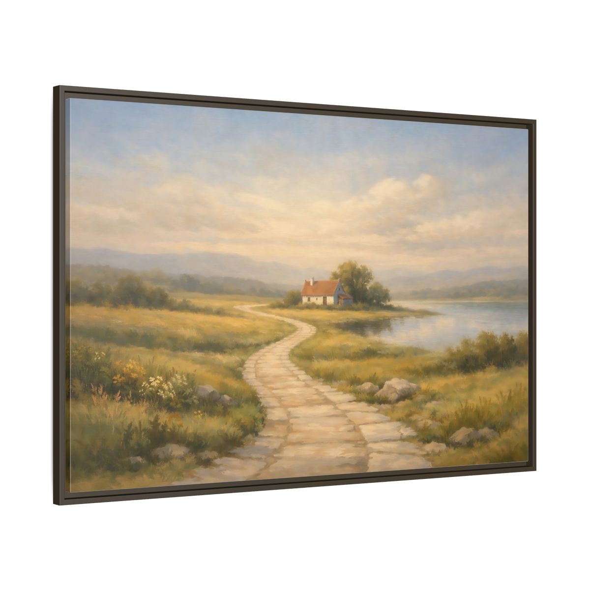 Main Mockup. Nature Cottage Peaceful Countryside shown as stretched canvas wall art