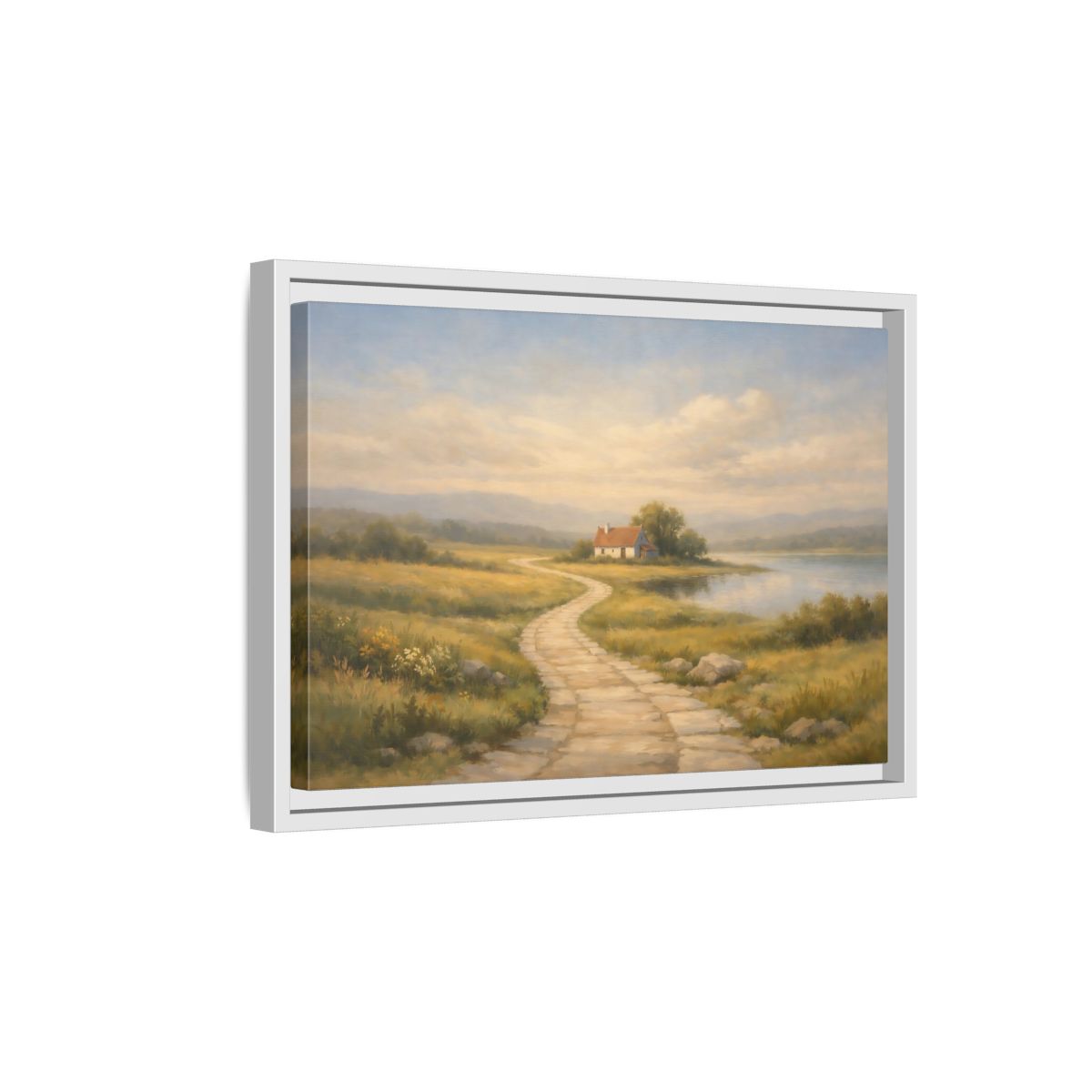 Side Mockup 4. Nature Cottage Peaceful Countryside shown as stretched canvas wall art