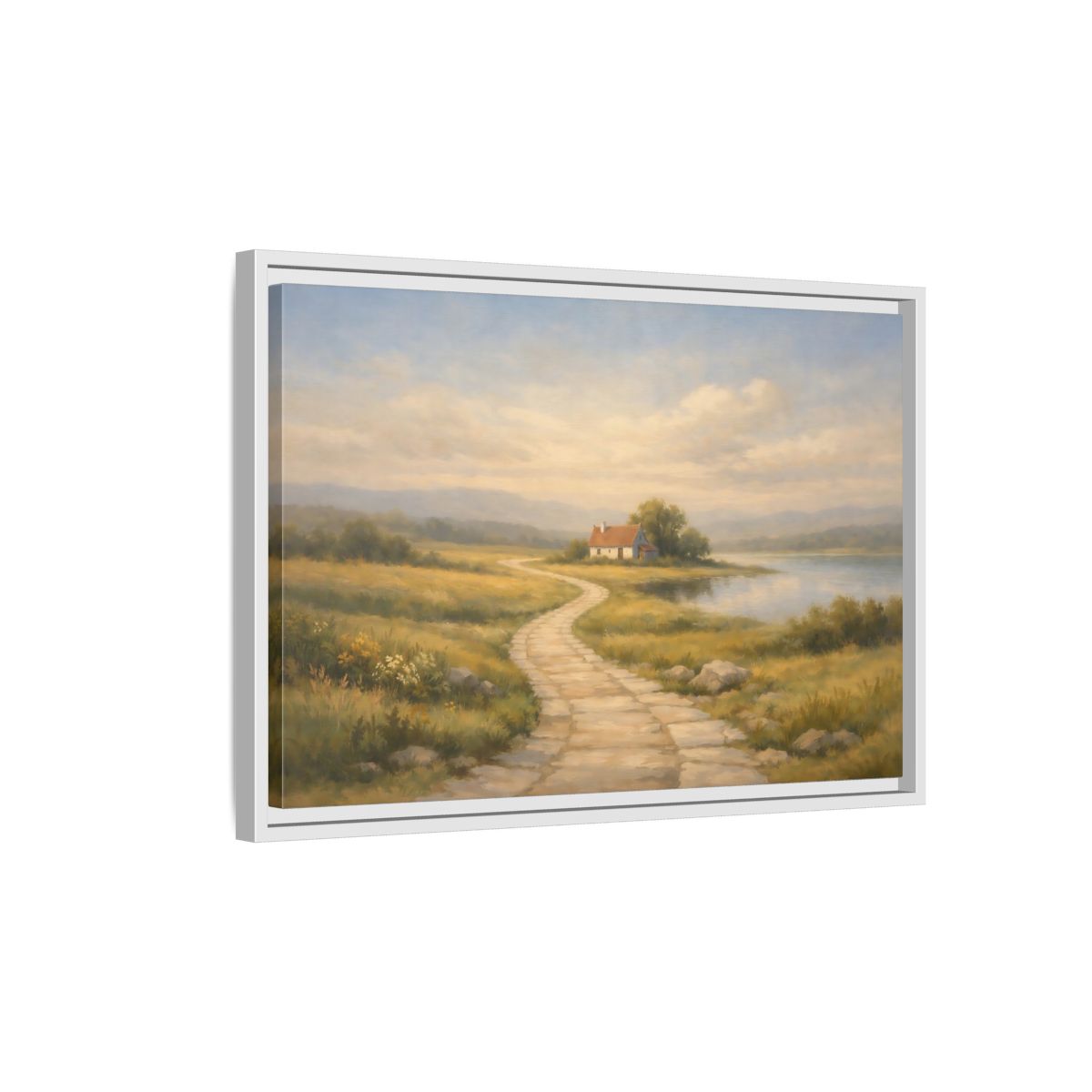 Side Mockup 1. Nature Cottage Peaceful Countryside shown as stretched canvas wall art