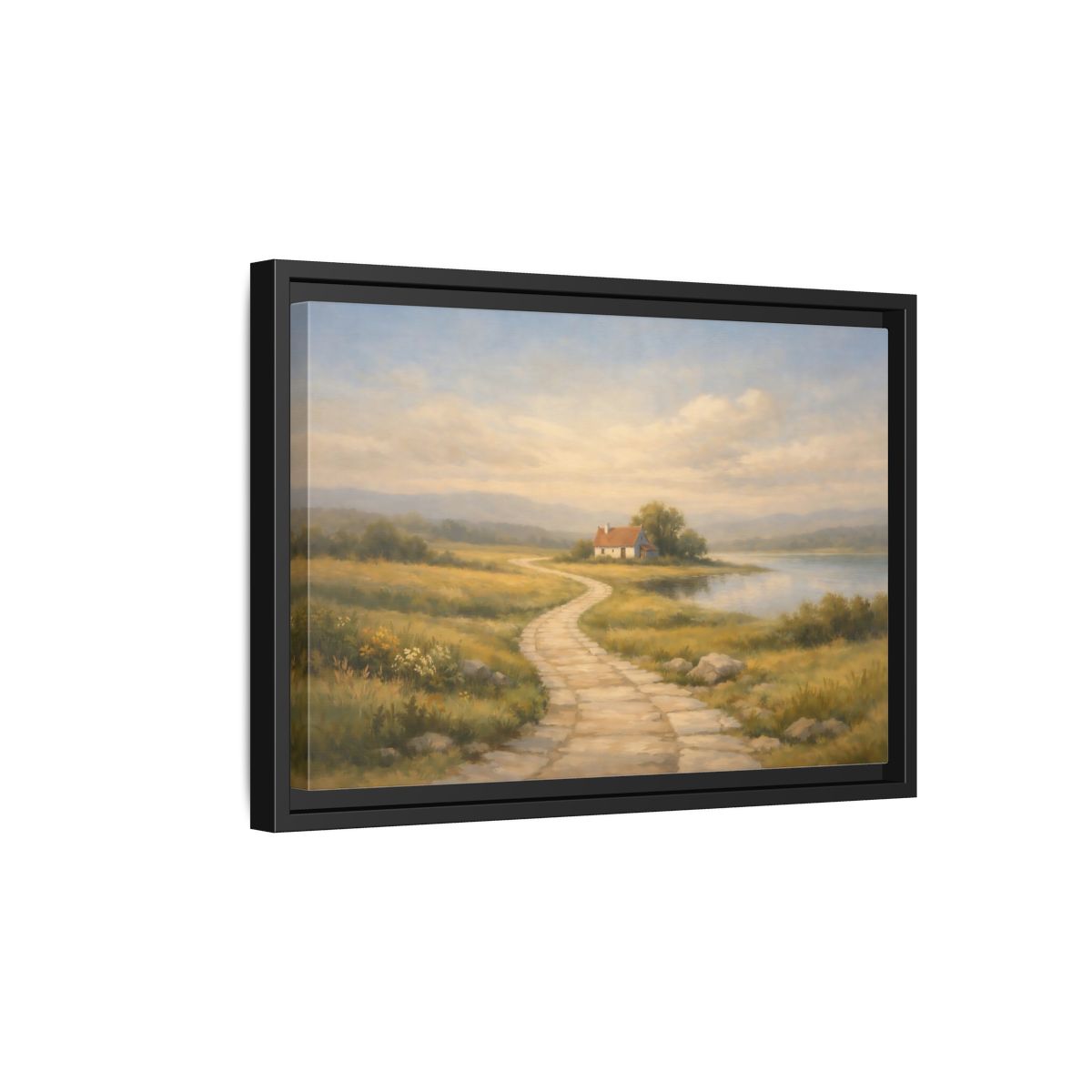 Side Mockup 6. Nature Cottage Peaceful Countryside shown as stretched canvas wall art