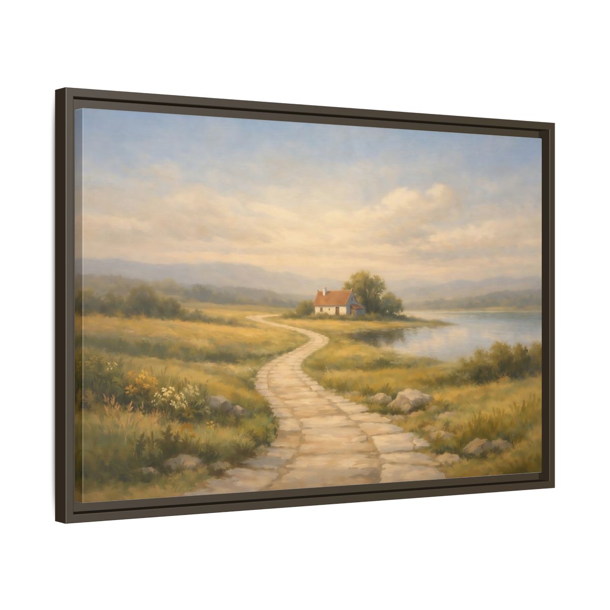 Side Mockup 11. Nature Cottage Peaceful Countryside shown as stretched canvas wall art