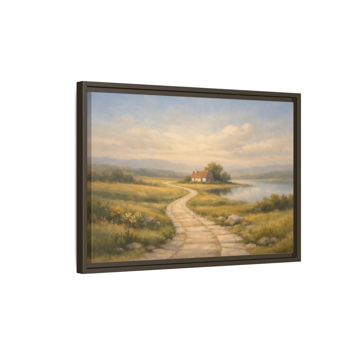Side Mockup 2. Nature Cottage Peaceful Countryside shown as stretched canvas wall art