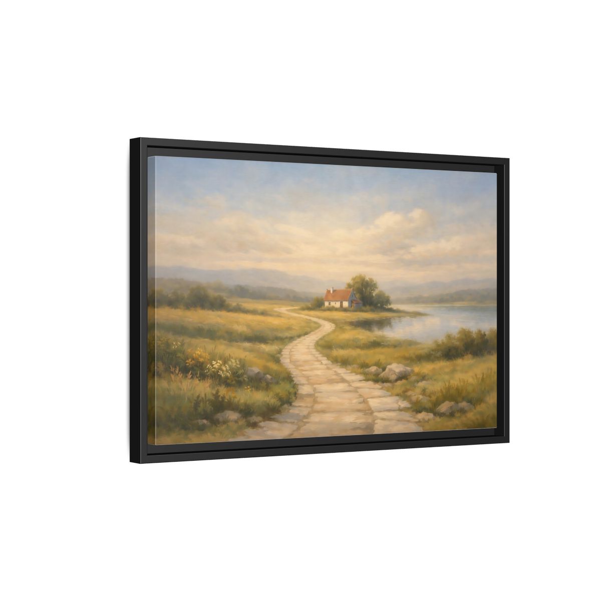 Side Mockup 3. Nature Cottage Peaceful Countryside shown as stretched canvas wall art