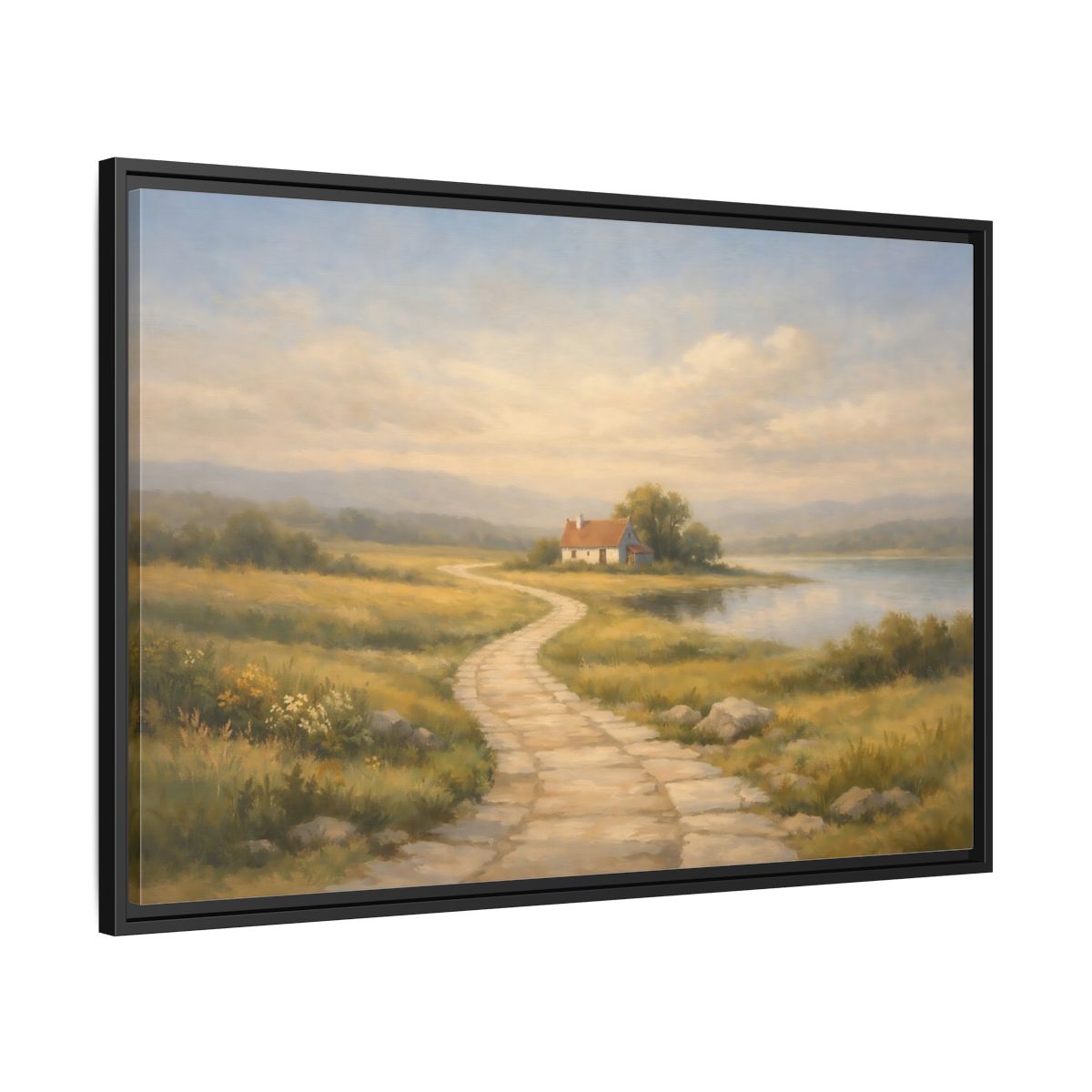 Side Mockup 13. Nature Cottage Peaceful Countryside shown as stretched canvas wall art