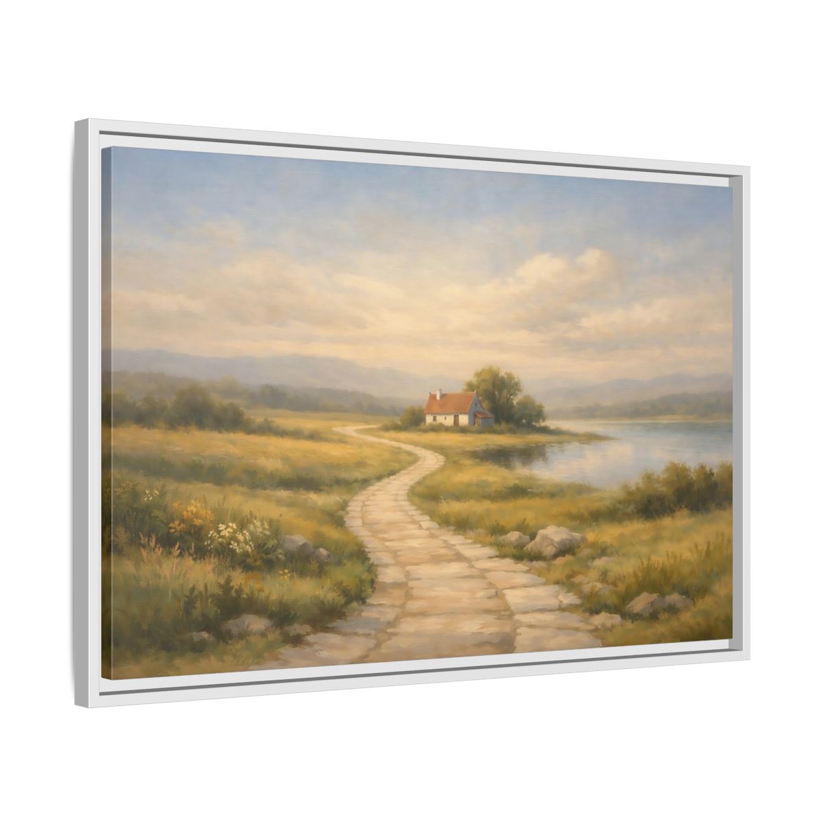 Side Mockup 10. Nature Cottage Peaceful Countryside shown as stretched canvas wall art