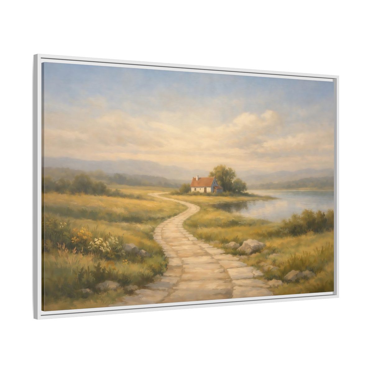 Side Mockup 7. Nature Cottage Peaceful Countryside shown as stretched canvas wall art
