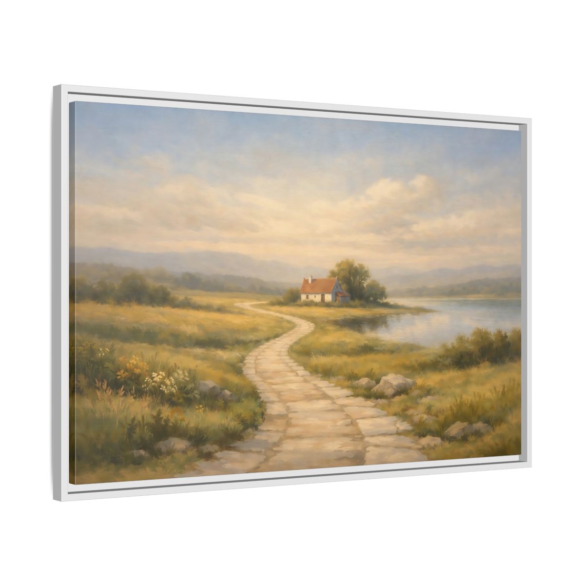 Side Mockup 8. Nature Cottage Peaceful Countryside shown as stretched canvas wall art