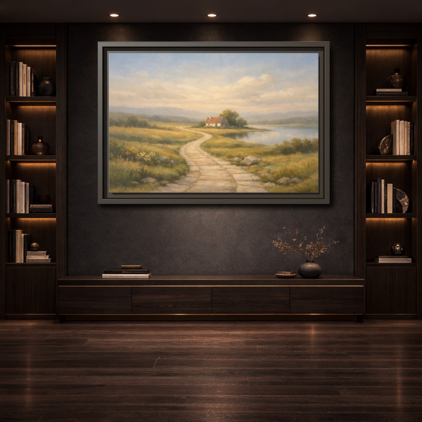 Mockup 3. Nature Cottage Peaceful Countryside shown as stretched canvas wall art