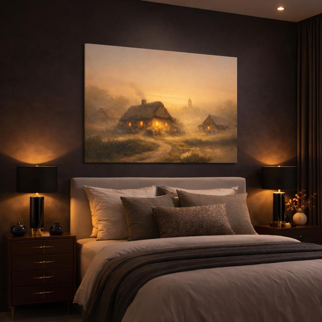 Nature Cottages Golden Village shown as canvas wall art in a luxury bedroom