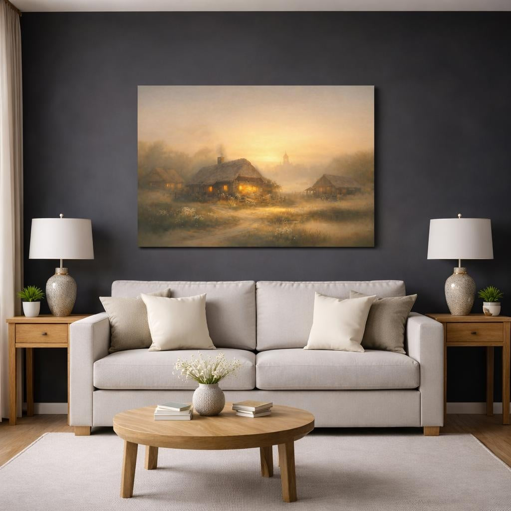 Nature Cottages Golden Village shown as canvas wall art in a modern living room
