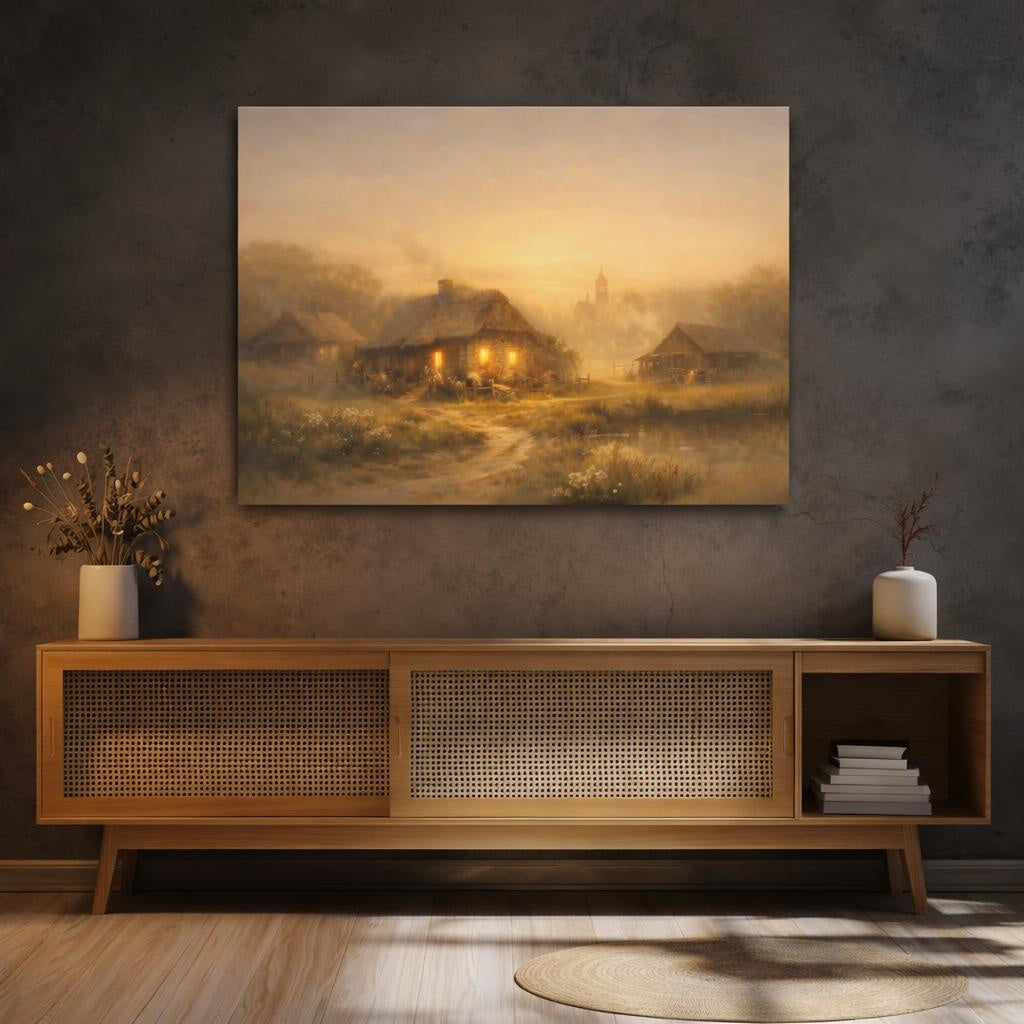 Nature Cottages Golden Village shown as canvas wall art in a sophisticated contemporary living space