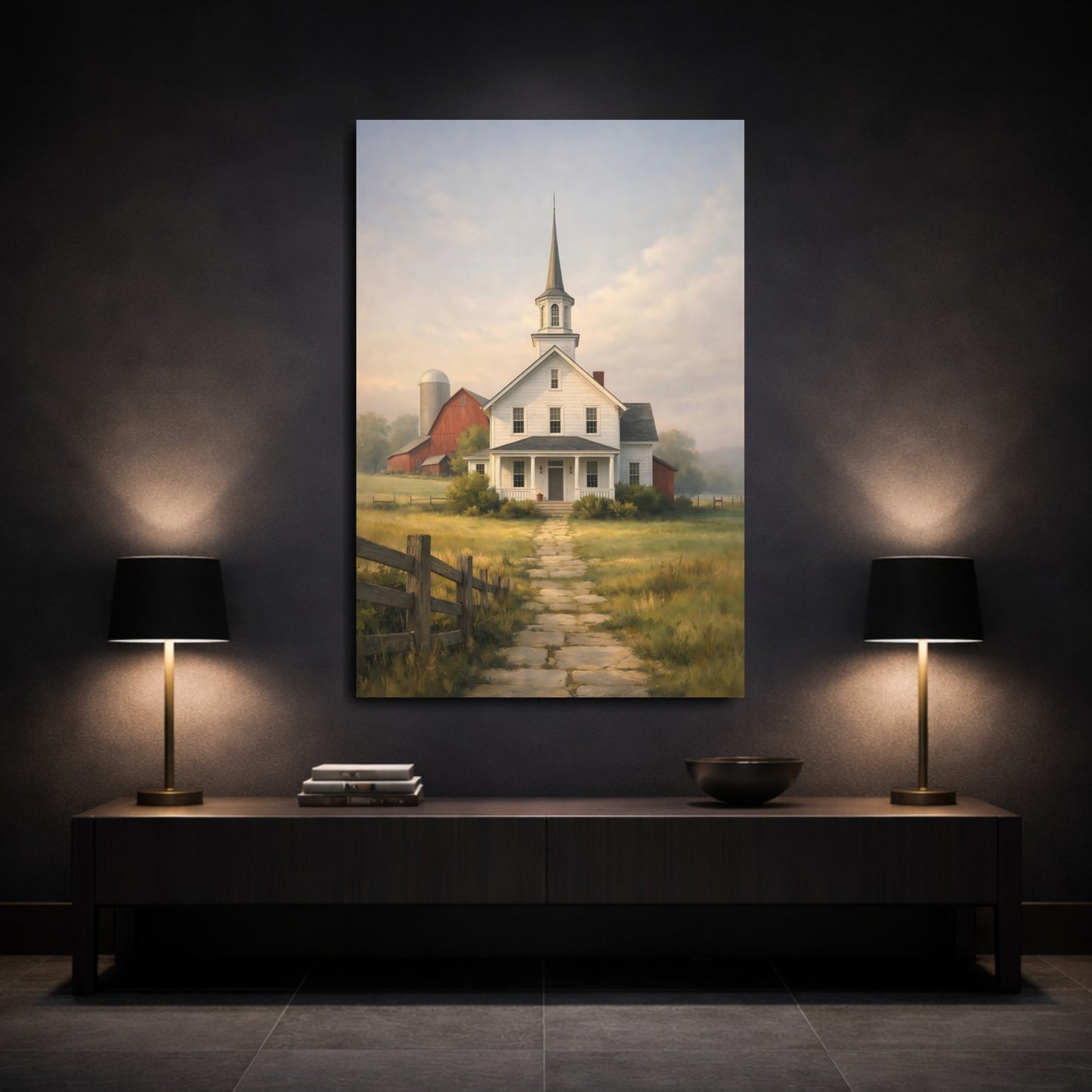 Mockup 2. Nature Country Church Rural Church Scene shown as stretched canvas wall art