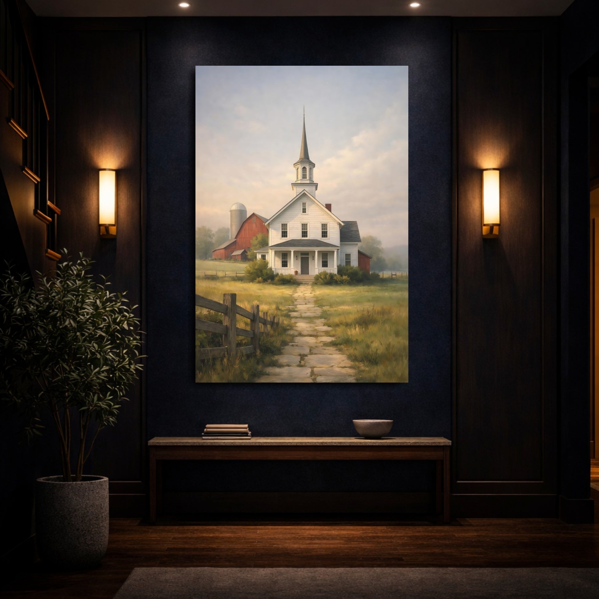 Mockup 3. Nature Country Church Rural Church Scene shown as stretched canvas wall art