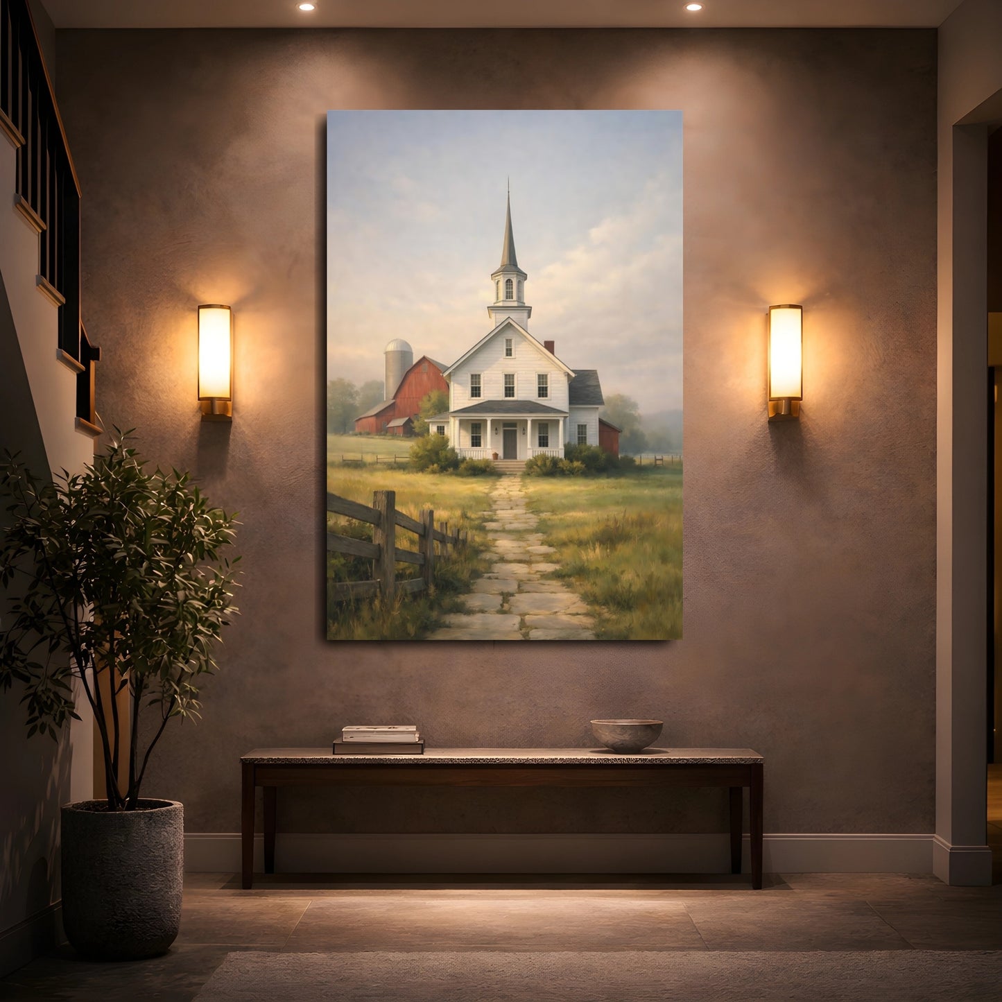 Mockup 4. Nature Country Church Rural Church Scene shown as stretched canvas wall art