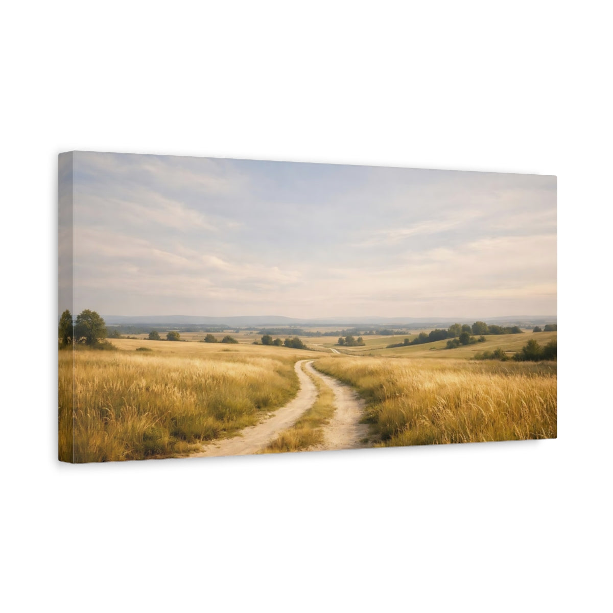 Side Mockup 3. Nature Country Road Golden Field Road shown as stretched canvas wall art