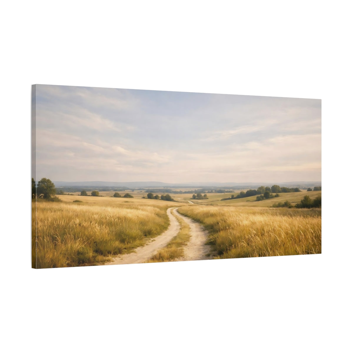 Side Mockup 1. Nature Country Road Golden Field Road shown as stretched canvas wall art