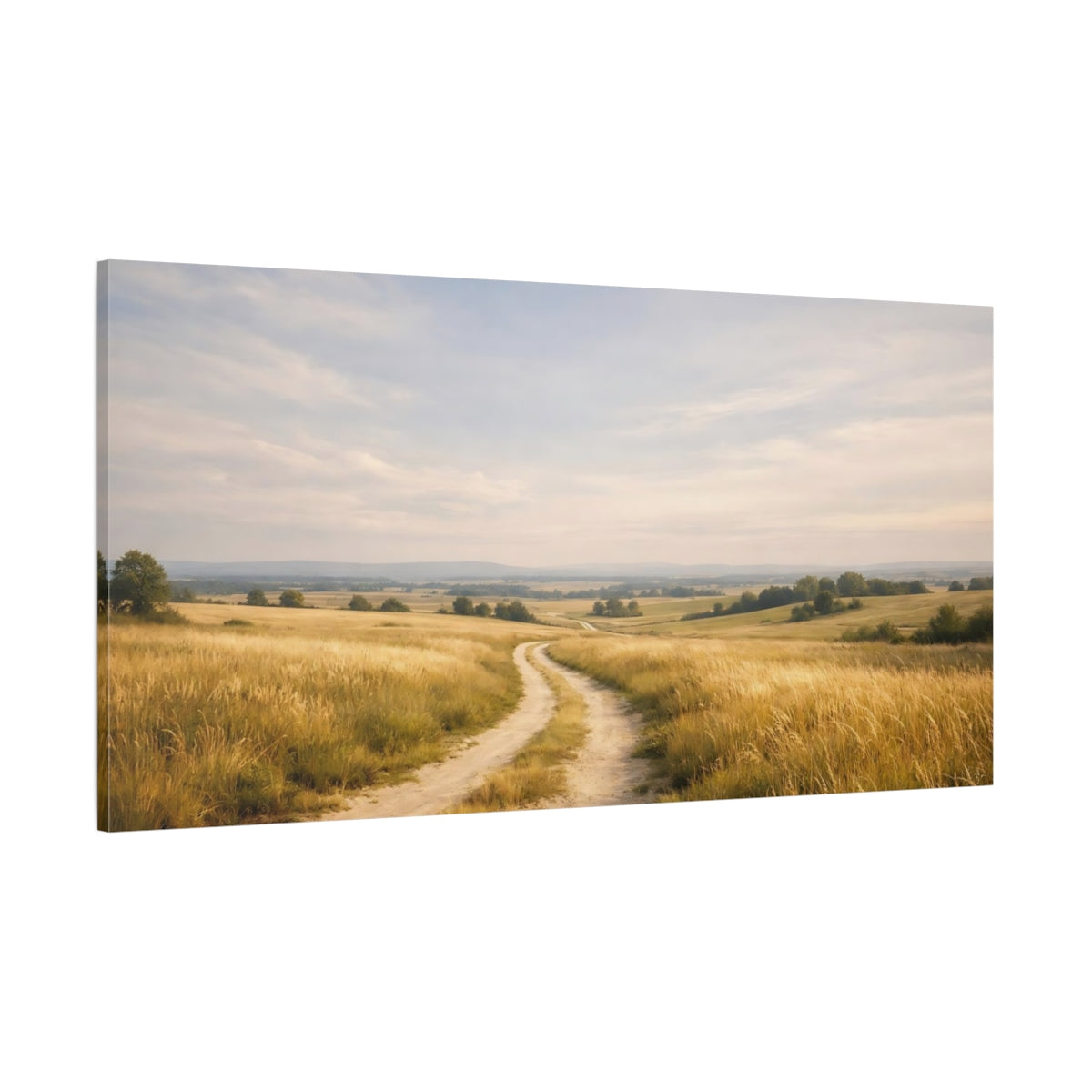 Main Mockup. Nature Country Road Golden Field Road shown as stretched canvas wall art