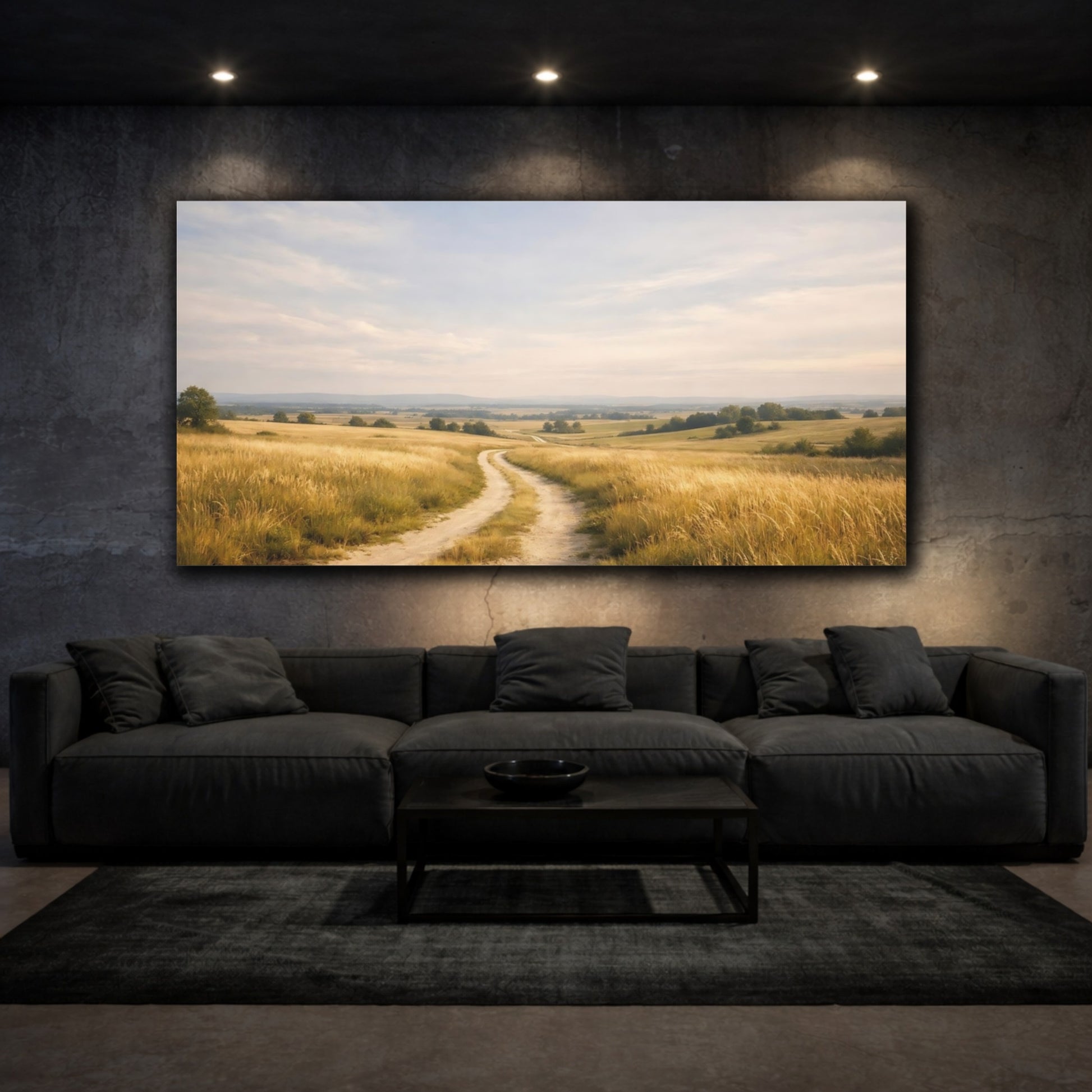 Mockup 2. Nature Country Road Golden Field Road shown as stretched canvas wall art