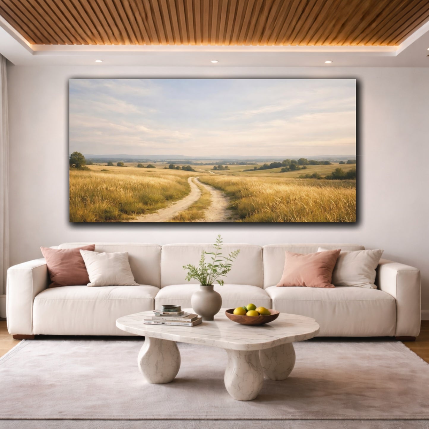 Mockup 3. Nature Country Road Golden Field Road shown as stretched canvas wall art