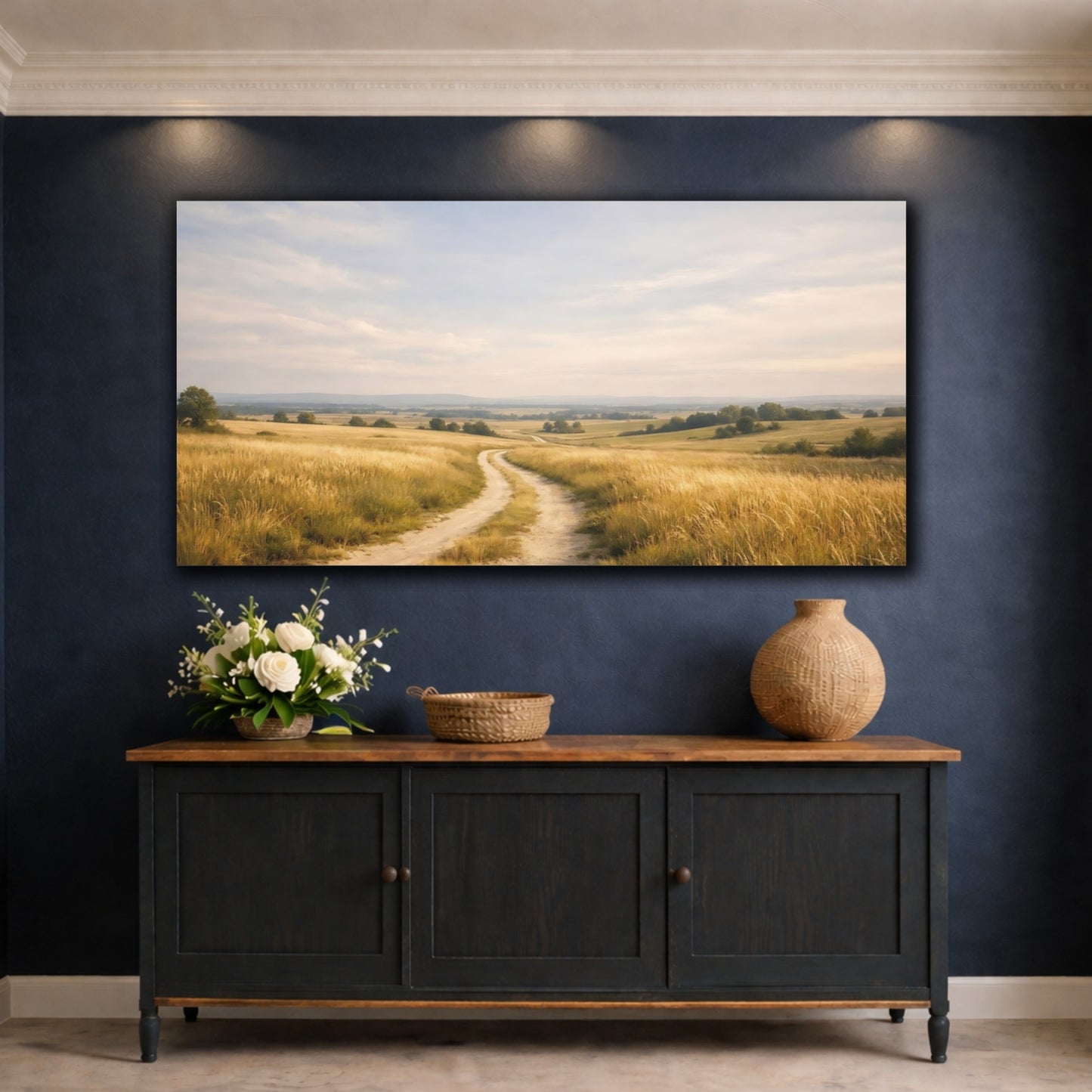 Mockup 4. Nature Country Road Golden Field Road shown as stretched canvas wall art